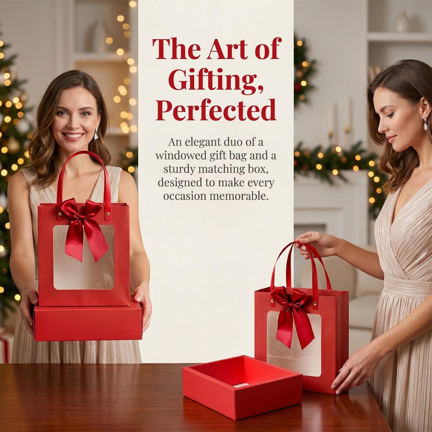Premium Reusable Gift Bag with Matching Box, Durable Birthday Present Bag, Premium Paper Set for Wedding, Valentine's Party, Friends Celebration (Beige 1pack) BST202