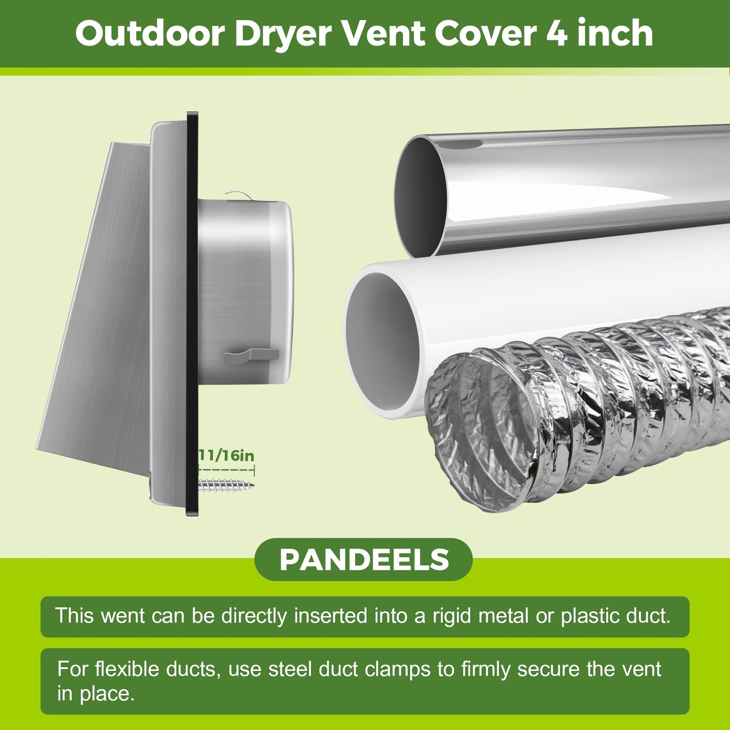 4-Inch External Extractor Wall Vent, Outdoor Stainless Steel Wall Exhaust Vent with Bird Screen, Dryer Vent Cover with Rubber Seal Cushioned Non Return Flap, Outside Airflow Vent Replacement Hood BST220