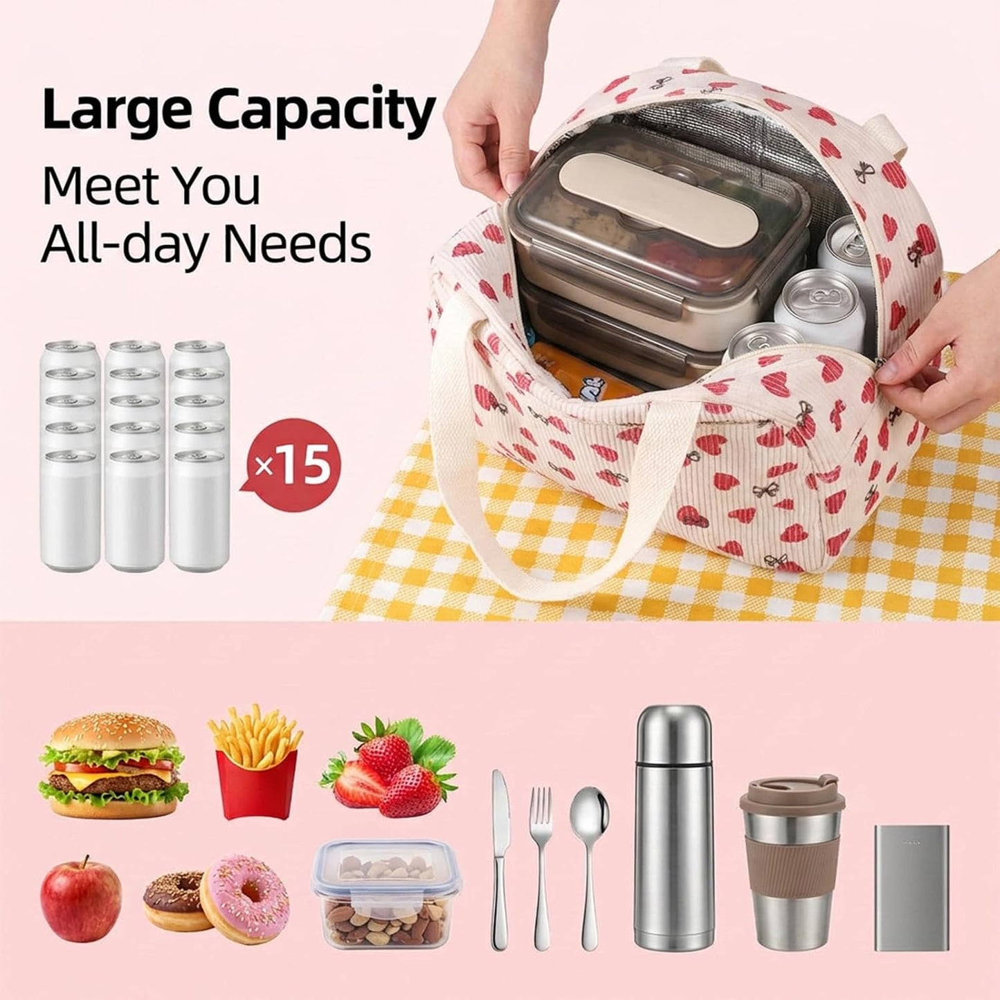Insulated Lunch Bag for Women Lunch Box Reusable LunchBags Cute LunchBag Leakproof Cooler Food LunchContainers for Work Travel Outdoor Office (Pink) BST220