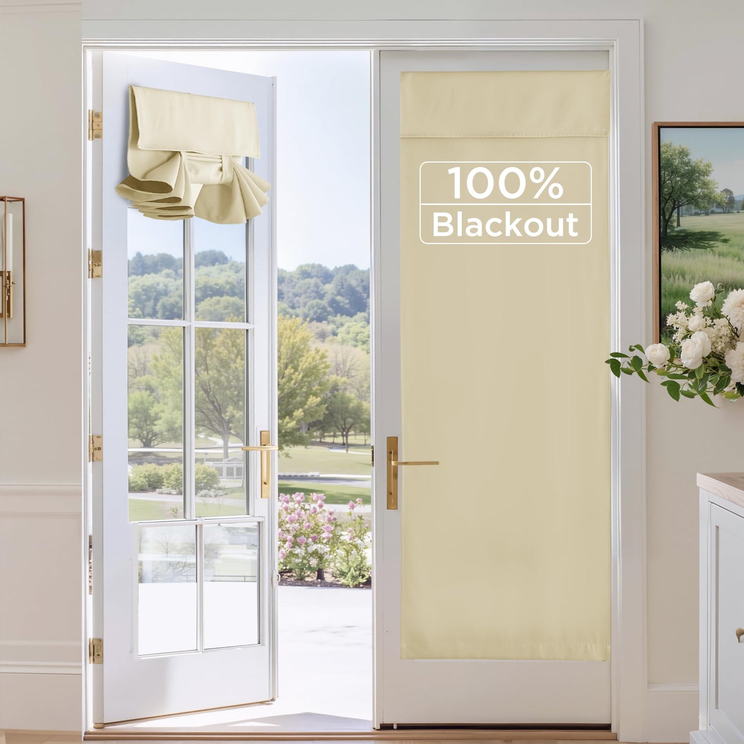 RYB HOME 100% Blackout French Door Curtains for Door Window - Room Darkening No Coating Thermal Insulated Privacy Protection Adhesive Cover for Glass Window, W 26 x L 40, 1 Panel, Black BST220