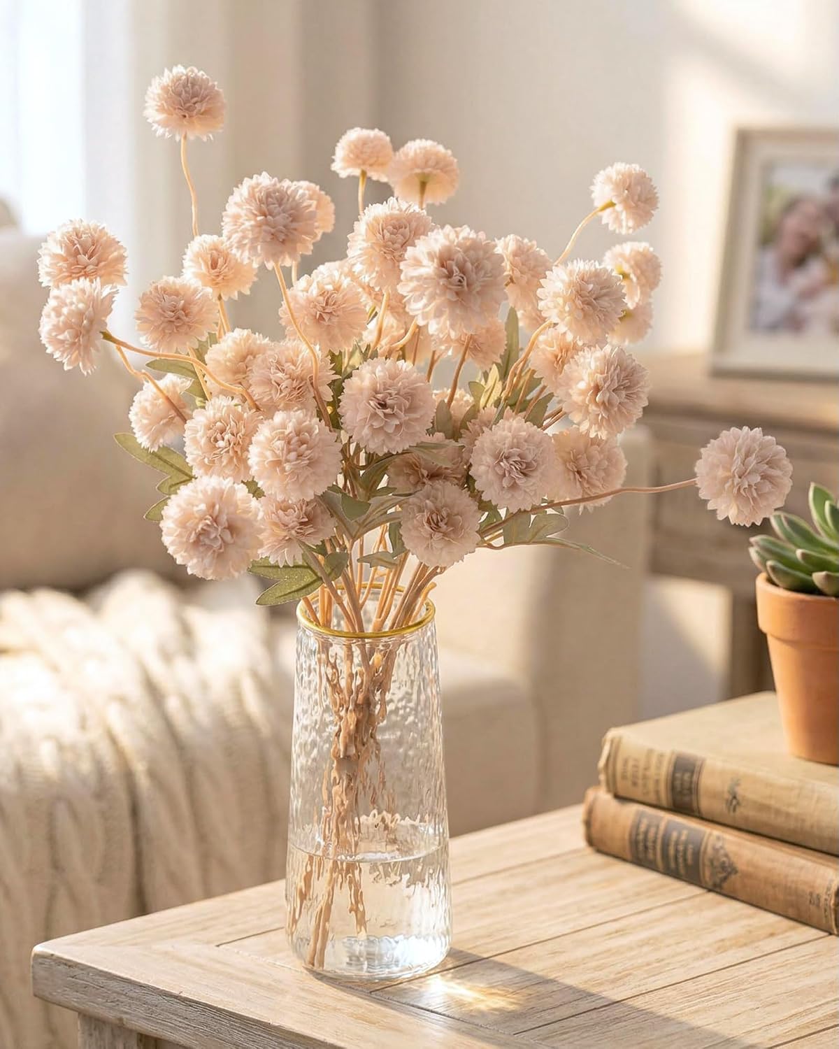Beige Faux Silk Mums Artificial Flowers, 8Pcs Fall Fake Kiku Small Mini Chrysanthemum Pom Pom Stems for DIY Bouquets Centerpieces Vase Autumn Home Decorations Floral Arrangement BST202