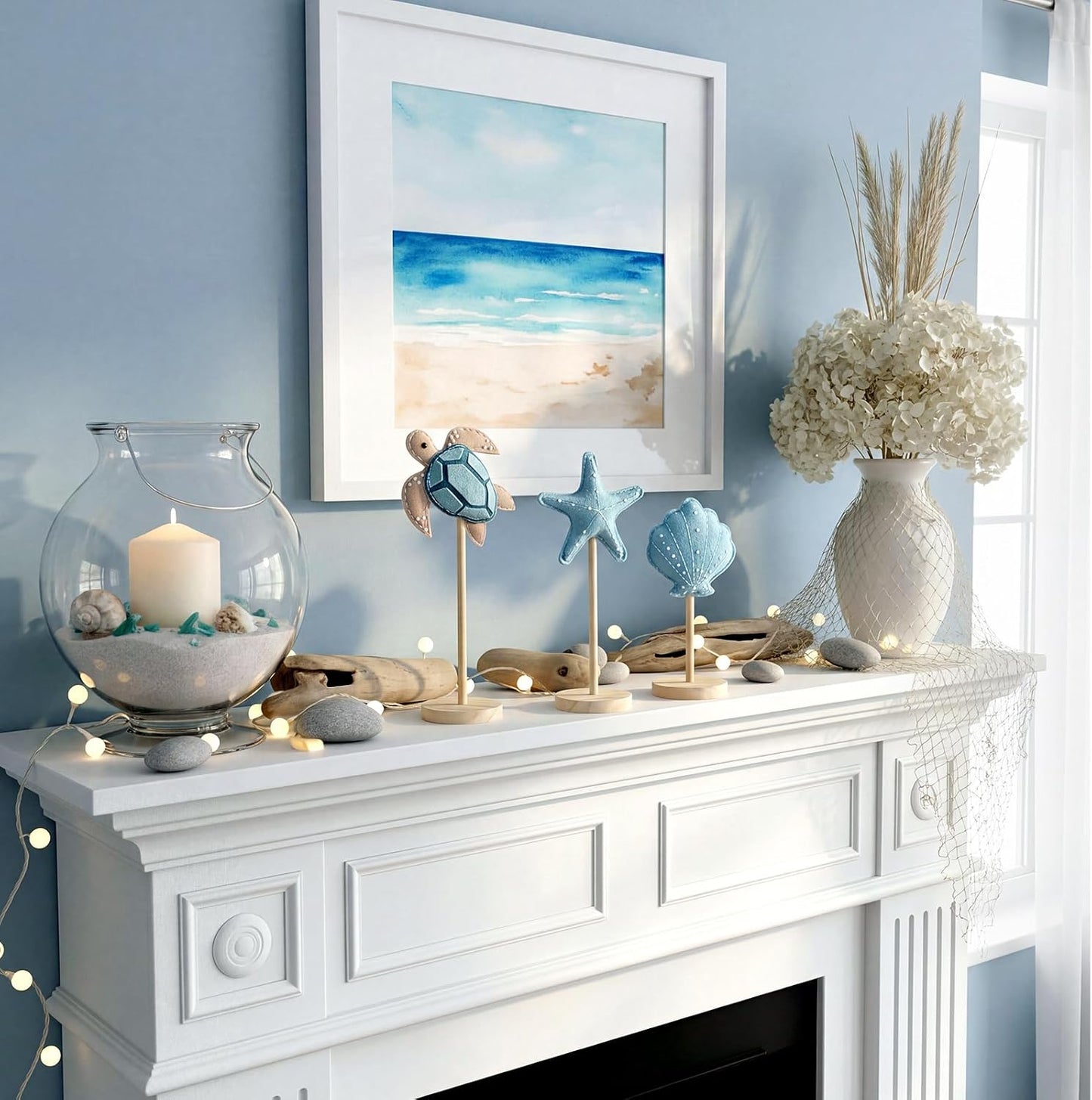 Yousoontic 3 Pcs Coastal Beach Ocean Nautical Table Decor - Felt Turtle Starfish Shell Centerpieces, Nautical Standing Wooden Home Decor for Summer Holiday Kitchen BST202