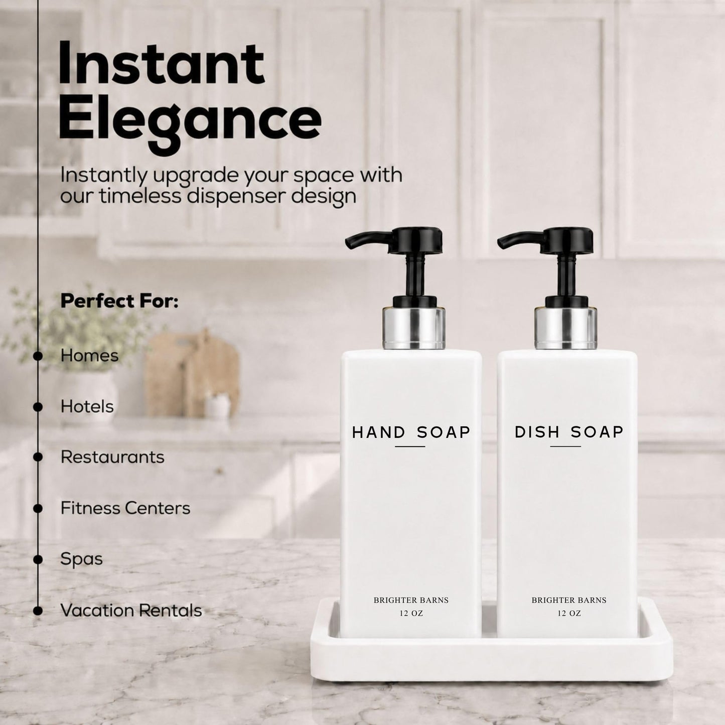 Glass Hand and Dish Soap Dispenser Set by Brighter Barns - Kitchen Soap Dispenser Set with Tray & Pump - Refillable Glass Bottles for Sink - Neutral Kitchen Accessories for Airbnb, Restaurants (Clear) BST326H