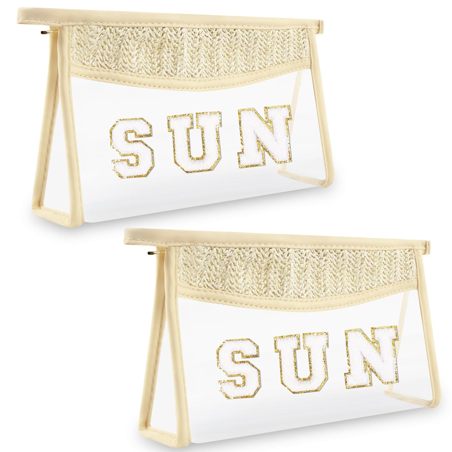 Boho Clear Makeup Bag Cosmetic Zipper Pouch Purse, Clear Toiletry Bags Travel Small Preppy Cute DIY Chenille Letter Bag, Transparent PVC Waterproof Clutch Make Up Organizer Storage Bag for Women Girls BST220