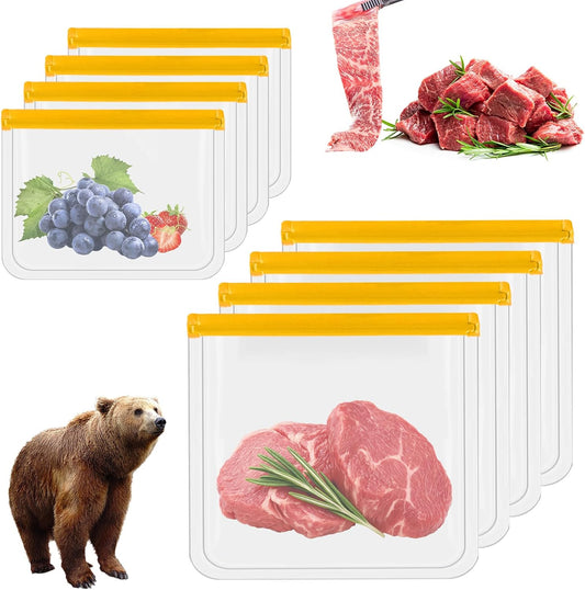 8 Pack Silicone Storage Freezer Bags, Waterproof Clear Document Holder with Zipper Seal, Reusable Food Storage Bags, Leakproof Food Storage Containers for Picnic, Work, Home Use WN420