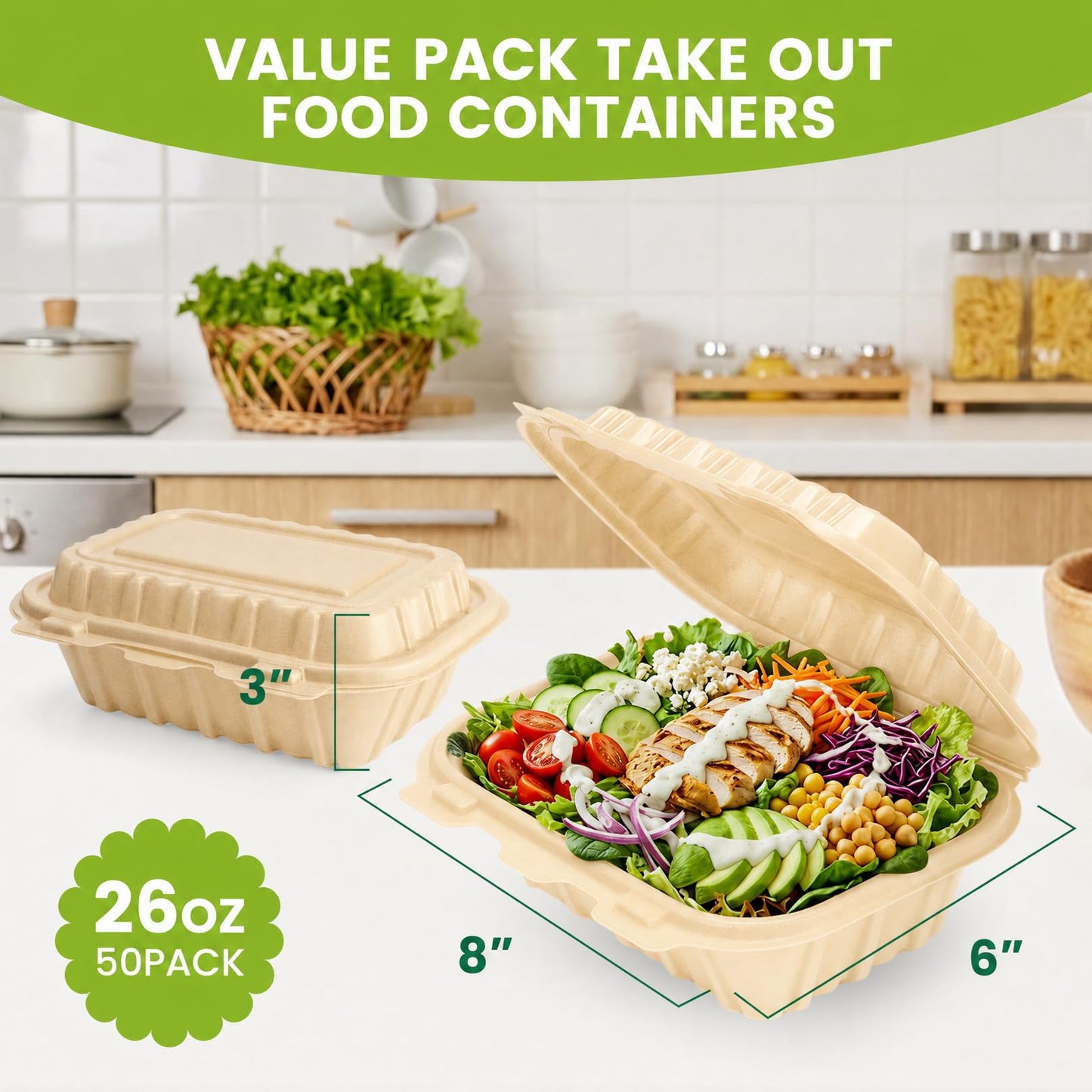 Clamshell Food Containers with Lids, 50 Pack-26oz Take Out Boxes N25