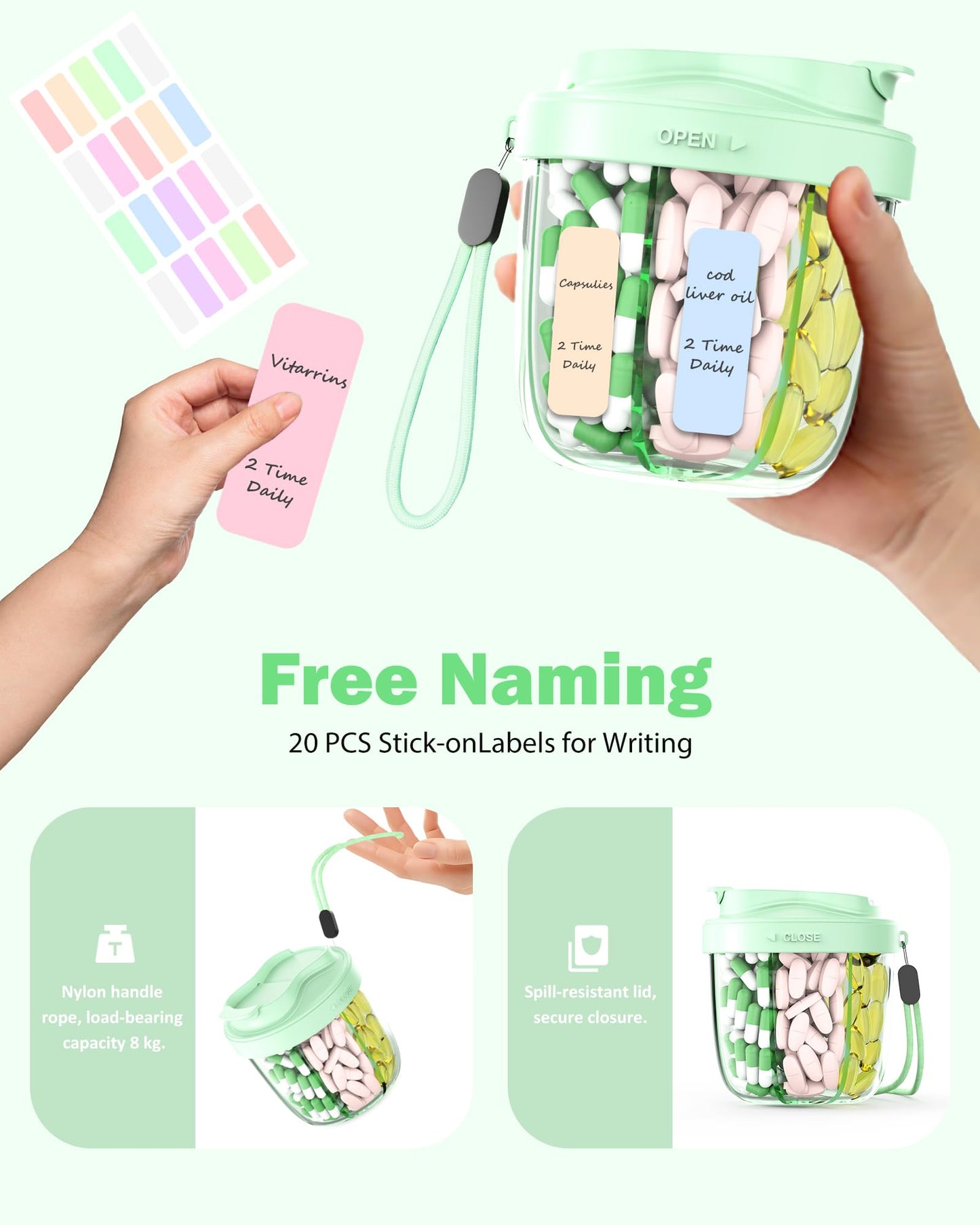 Cute Pill Organizer,Pill Dispenser with 7 Large Compartments,Portable Pill Bottle Box with Wide Opening for Easy Use, Anti-Mix Pills Organizer for Travel,Includes 20 Pcs Sticky Labels(Black) WN420