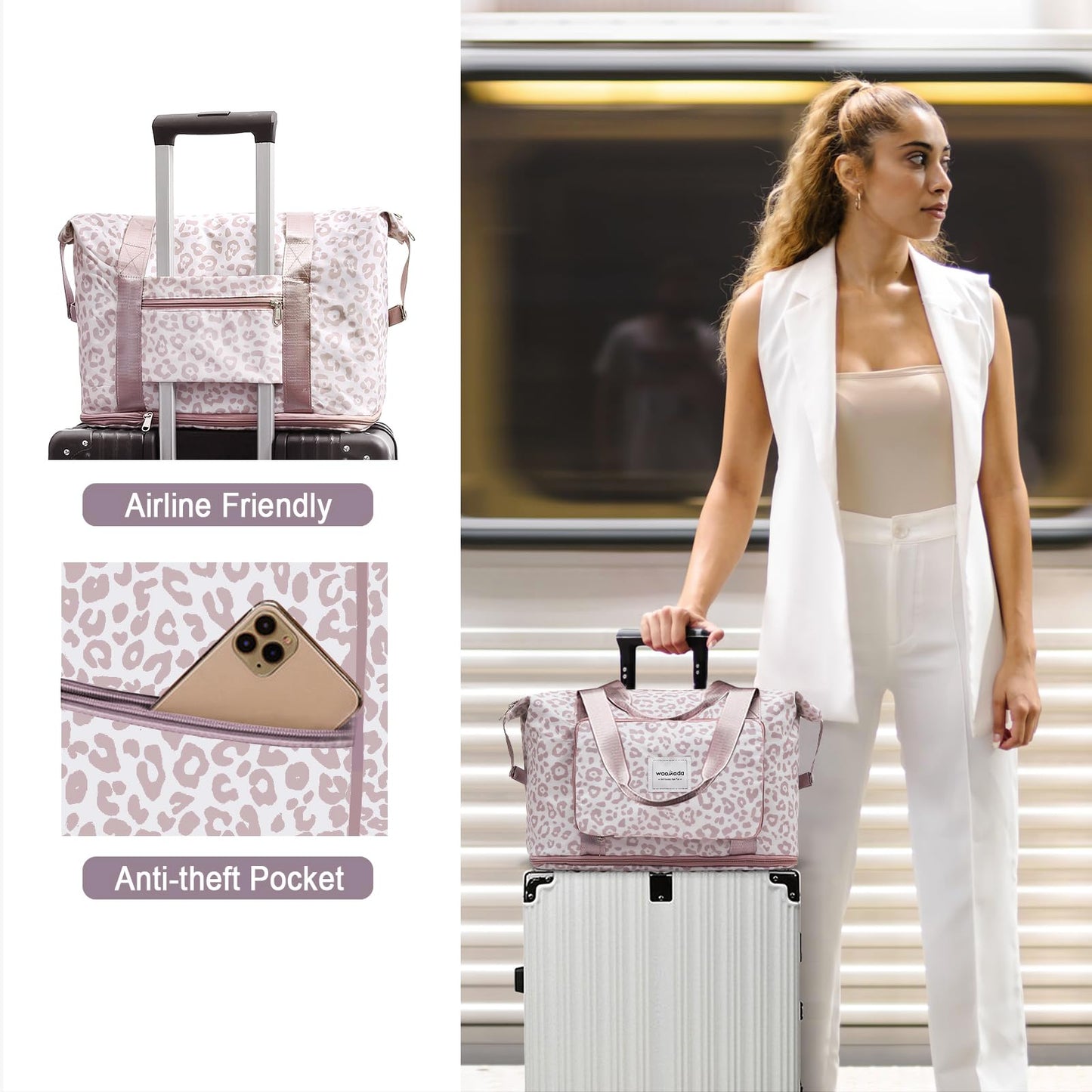 WOOMADA Foldable Travel Duffel, Weekender & Carry-On Bag with Expandable Space BST326H