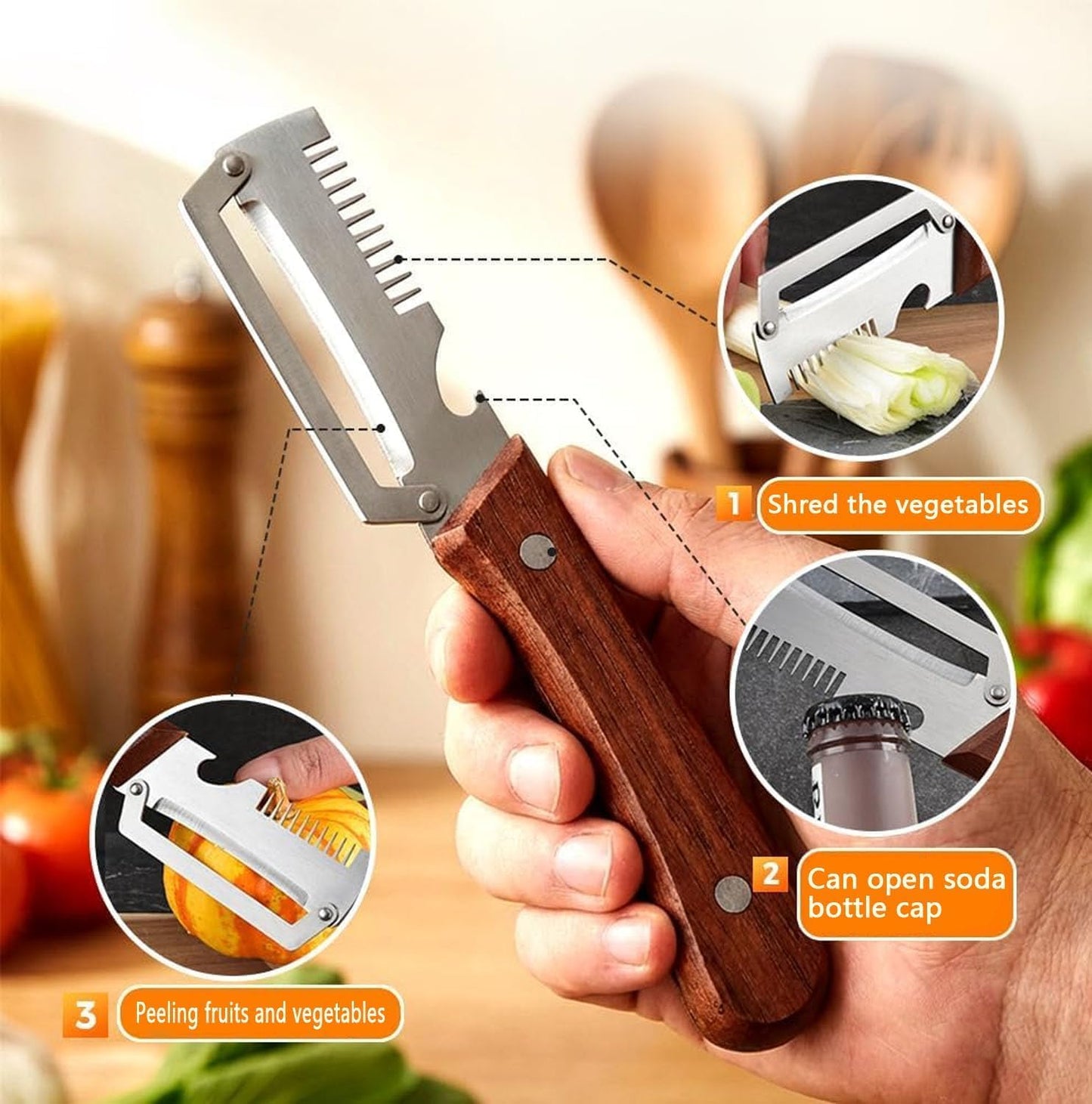 1 Pack New Multifunctional Vegetable Peeler with Wooden Handle and Bottle Opener, Stainless Steel Peeler for Kitchen, Multi Functional Vegetable Peeler for Fruit Potato Carrot Pumpkin Zucchini BST326L