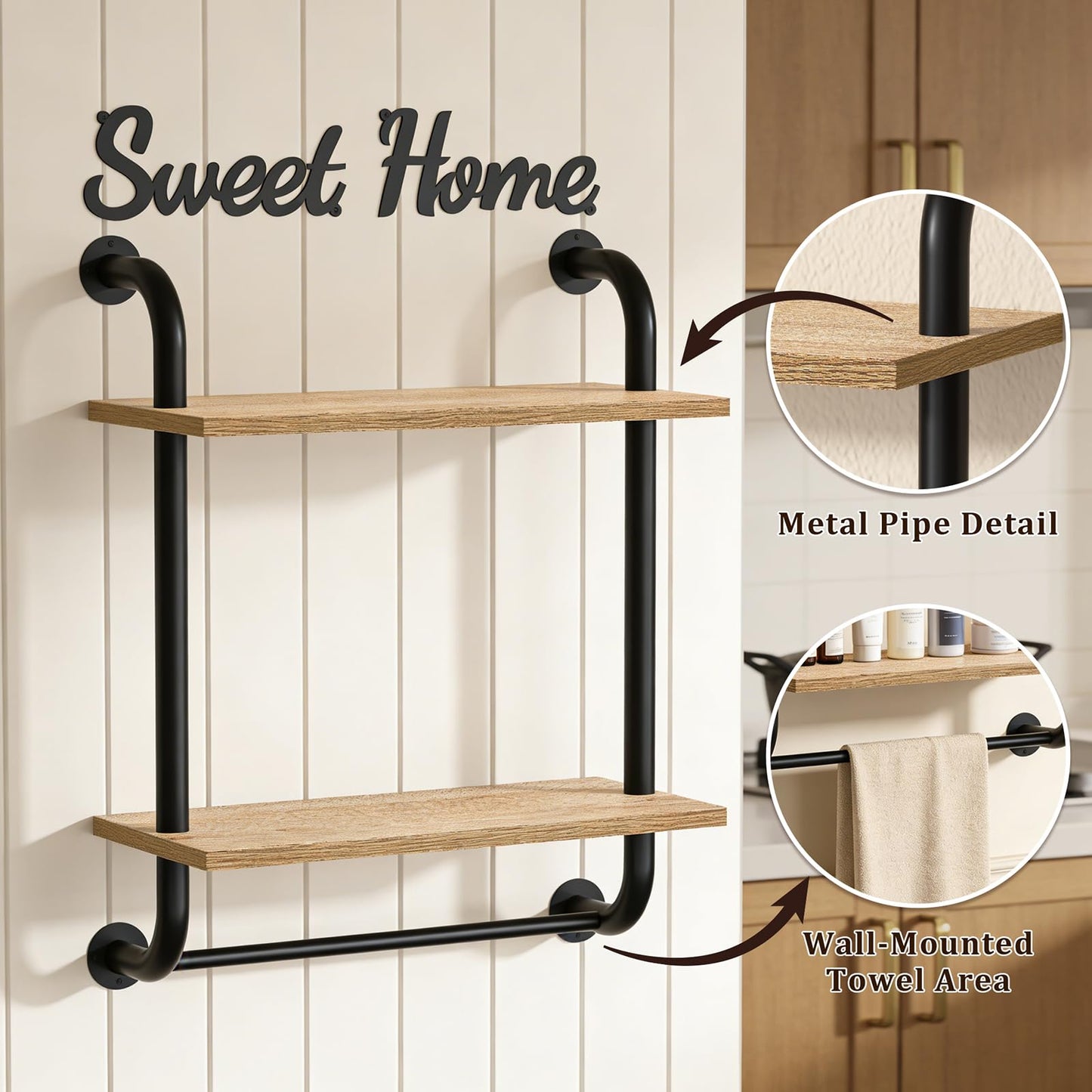 Tinpin Bathroom Shelves Wall Mounted, Rustic Farmhouse Pipe Shelves, Walls Shelf 3-Tier, Industrial Pipe Shelving, Floating Shelf Wall Decor for Bathroom, Kitchen, Bedroom, Living Room 17.3in Black DD1210
