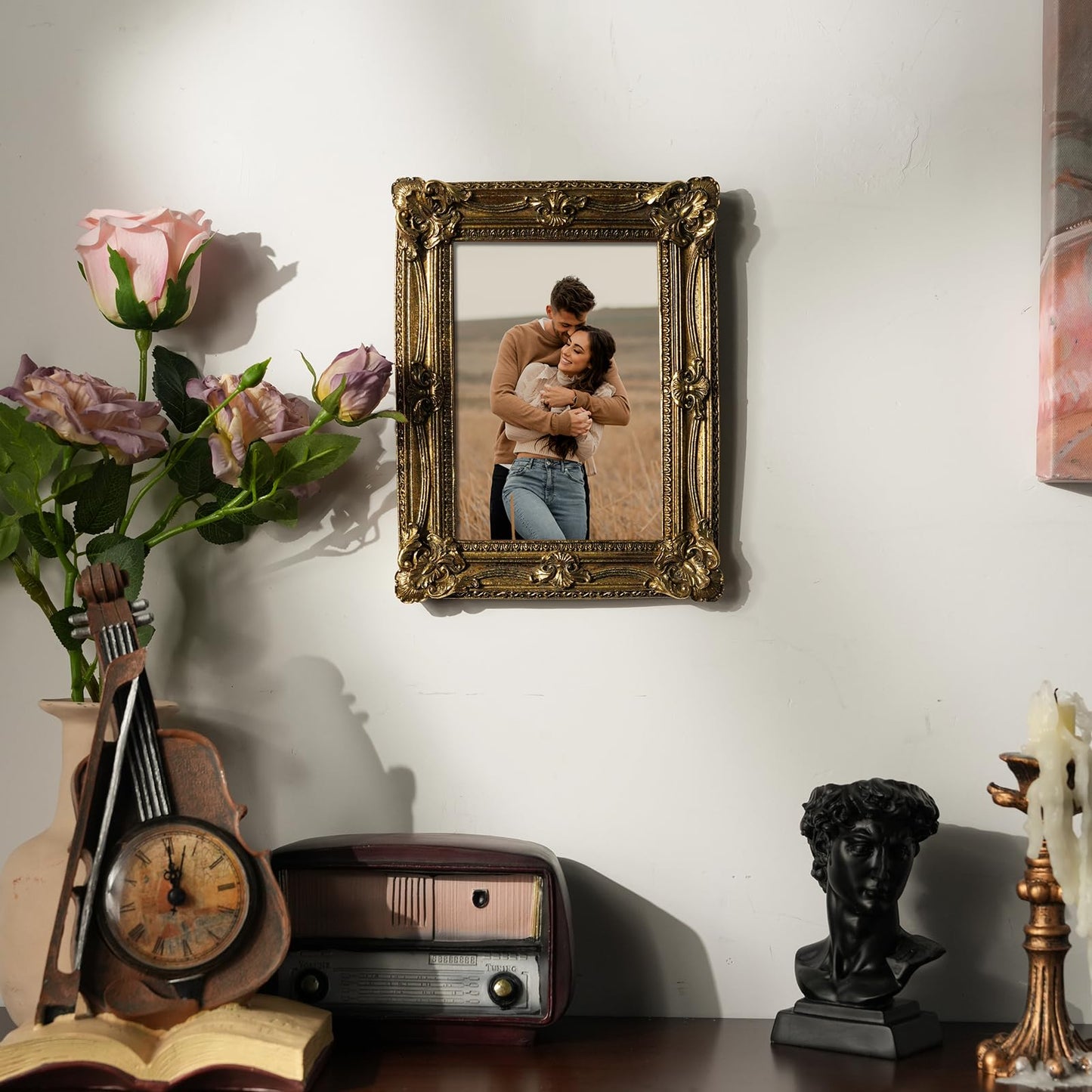 5x7 Wedding Picture Frame Gold,2 Pack Small Frame for Gallery Decor | Durable Resin Material,Tabletop & Wall Display,Real Glass,Rose Floral Design,Antique Brass Finish,Wedding Arrangement Decor BST326H