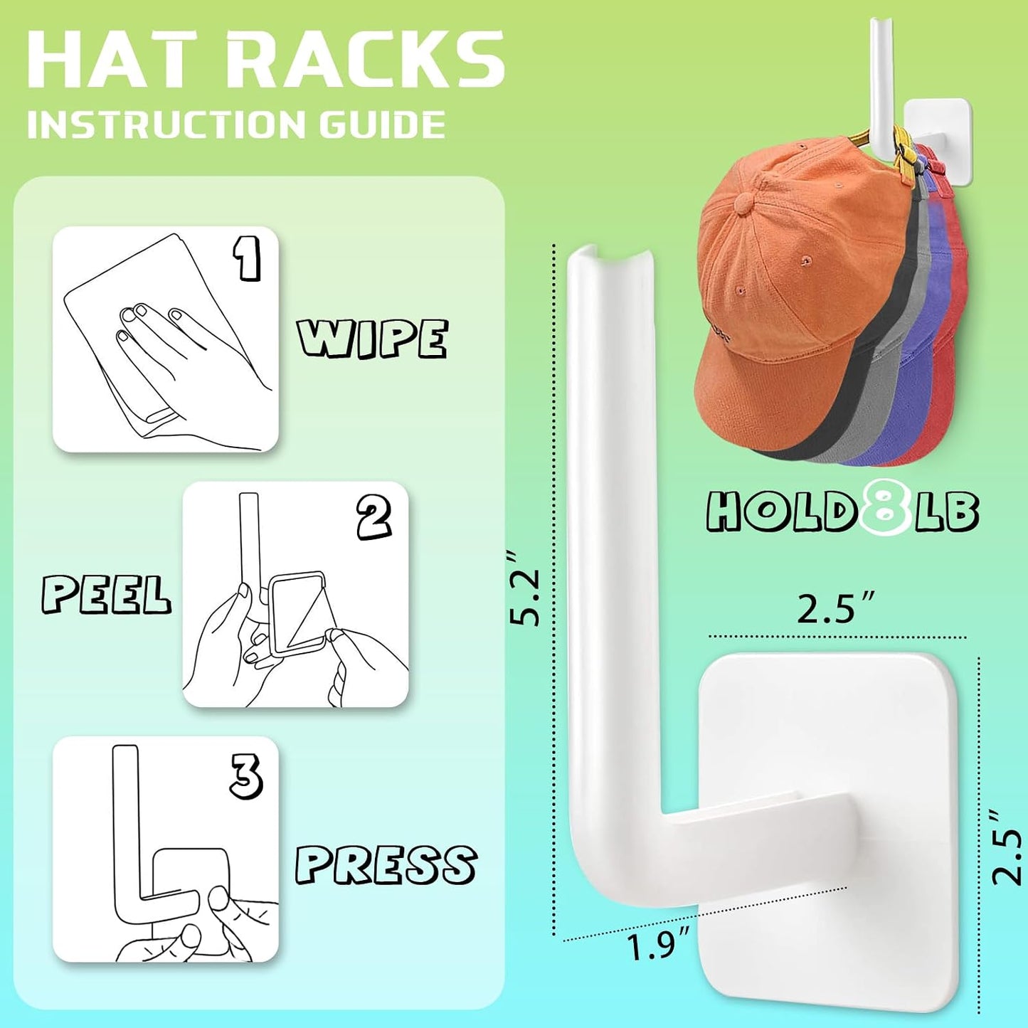 BADBLUE Wall Hat Organizer, 4-Pack Racks for Baseball Caps, Adhesive Hooks, No Drilling Hangers for Closet, Cowboy Hat Holder Display, Sticky Storage WN420