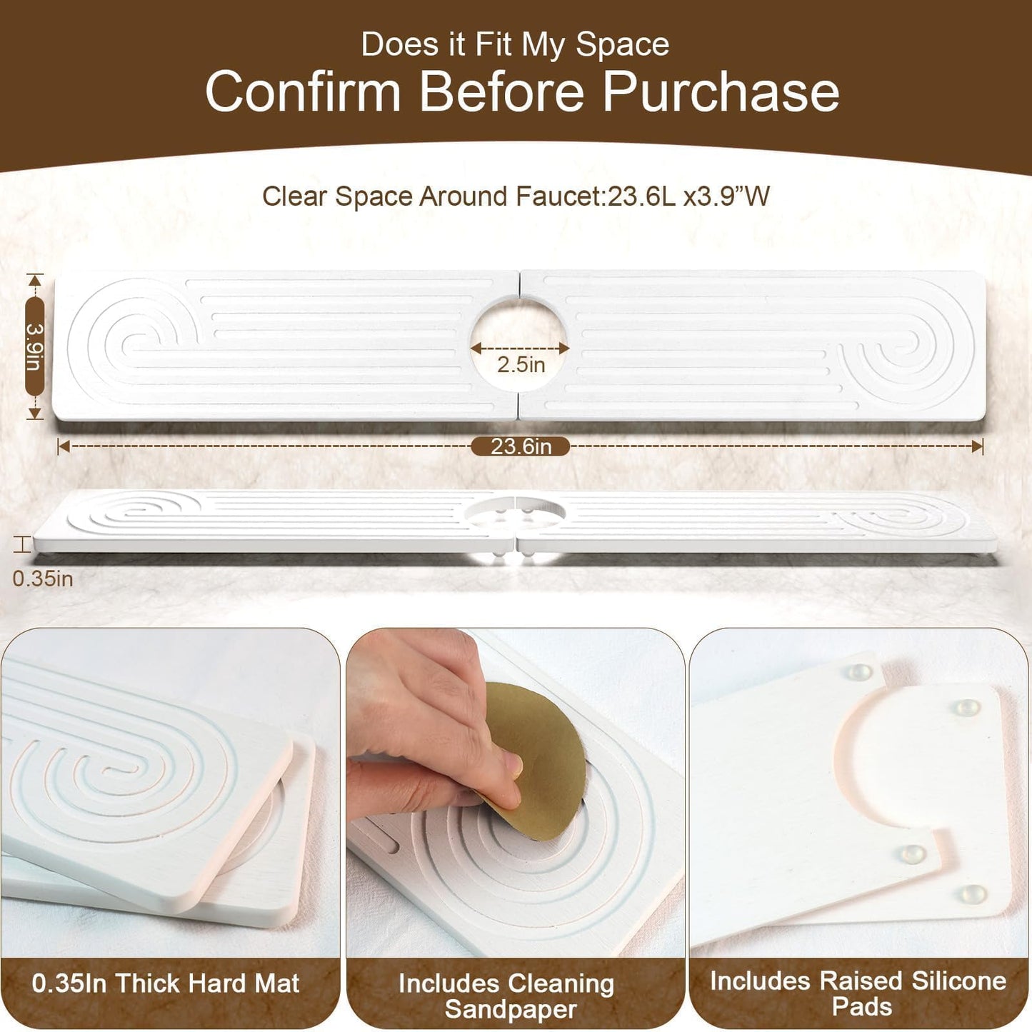 Hopegiver Stone Faucet Mat for Kitchen Sink - Fast Drying Diatomite Sink Protector Prevent Moisture, Super Water Absorbing Stone Tray for Kitchen & Bathroom Counter (White, 15.7"x3.9") BST326H