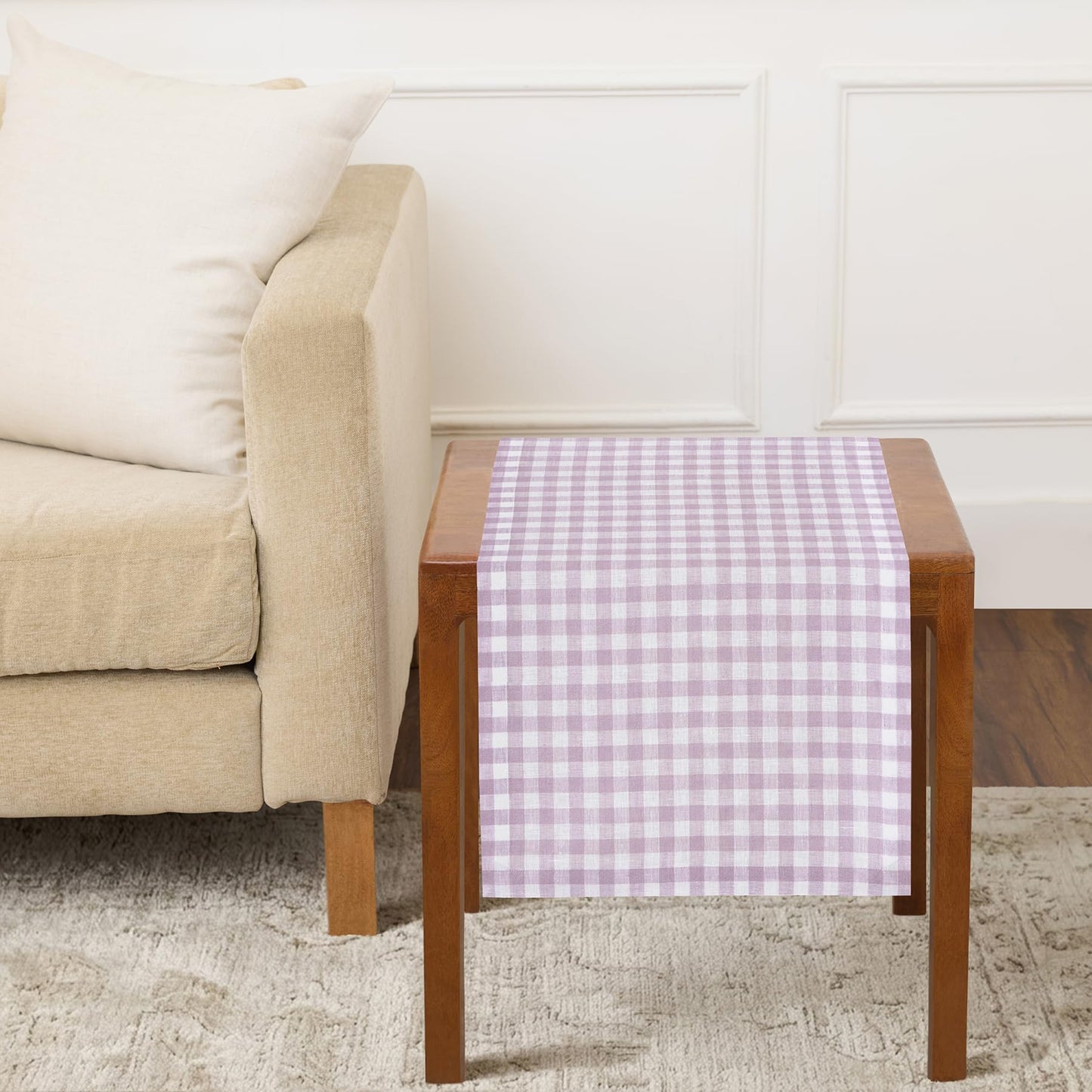 Solino Home 100% Pure Linen Table Runner Apricot, Gingham Check 14 x 36 in | Table Runners for nightstands, end tables, coffee tables and dressers | checkered weave, mitered corners | OEKO-TEX Certified BST326SOLH