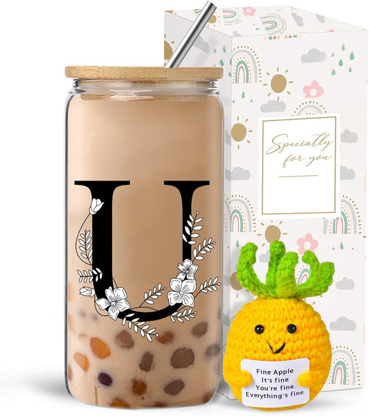 Monogrammed Initial Glass Cup with Lids and Straws gift for Women | Personalized Gift Set with Doll, 16 Oz Ice Coffee Cup ,reusable glass tumbler,Birthday Christmas Gift for Her,U WN420