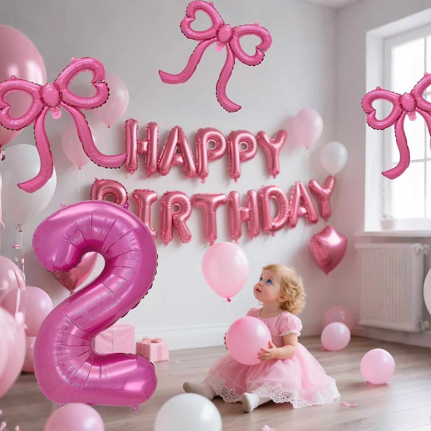 Pink Happy Birthday Balloons Banner, Giant Pink Bow Foil Balloons Number 2 Balloon Party Decor for Girls 2nd Birthday BST220