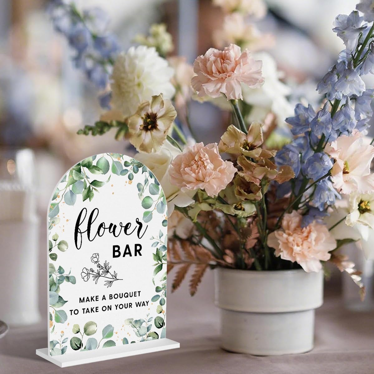 Acrylic Wedding Signs, Bubble Send Off Signs for Marriage Reception, Bridal Shower Decorations, Modern Arched Round Top Acrylic Table Top Sign with Holder for Wedding Party (White Eucalyptus Leaves) BST326L
