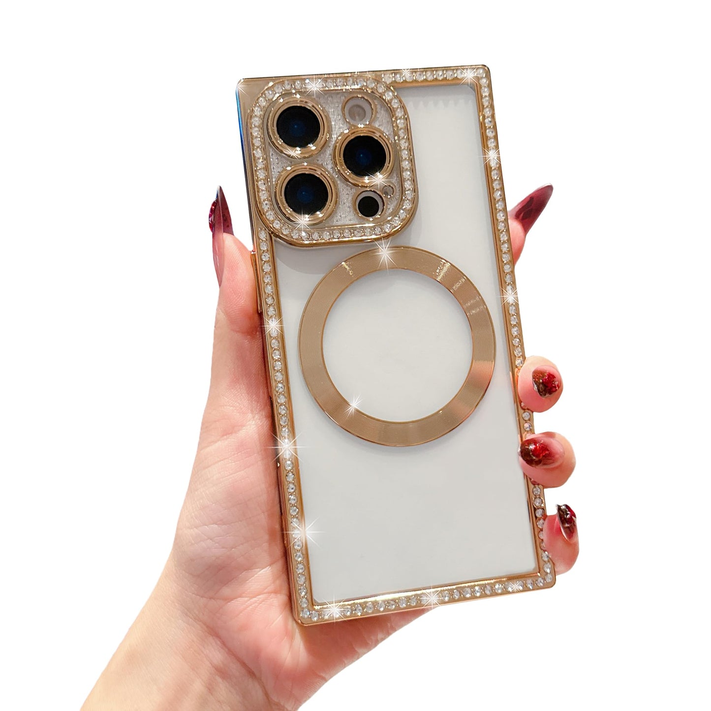 Owncase Magnetic for iPhone 13 Pro Case, Compatible with Magsafe, Crystal Diamonds Glitter Electroplated Edge Soft TPU Clear Phone Case for Women Girls, Gold WN420