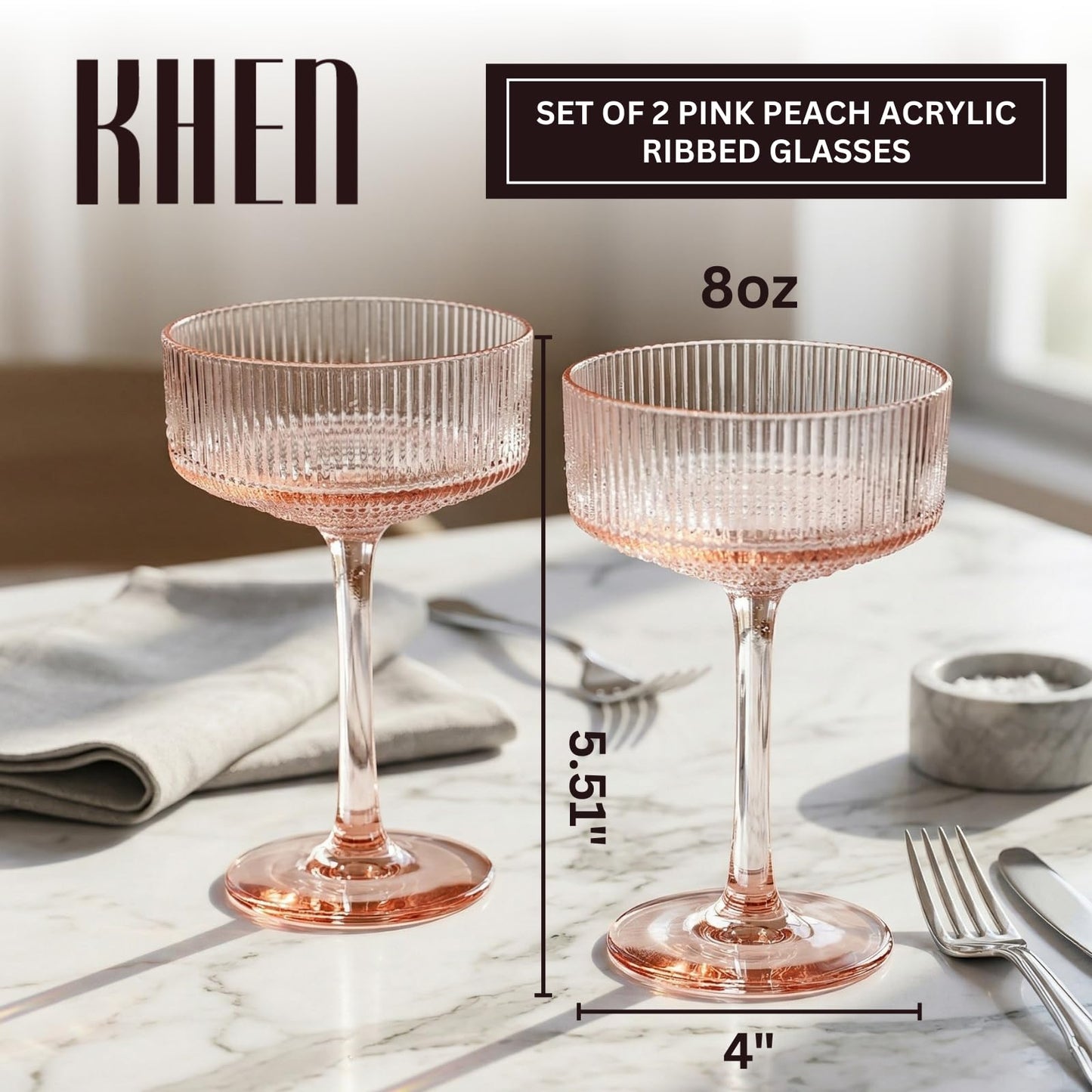 Khen Pink Peach Acrylic Ribbed Coupe Martini Champagne Cocktail Glasses, Set of 4, 8 oz Shatterproof Ripple Stemware European Style Reusable Drinkware Goblets, Indoor Outdoor Parties Weddings Bar Gift BST220