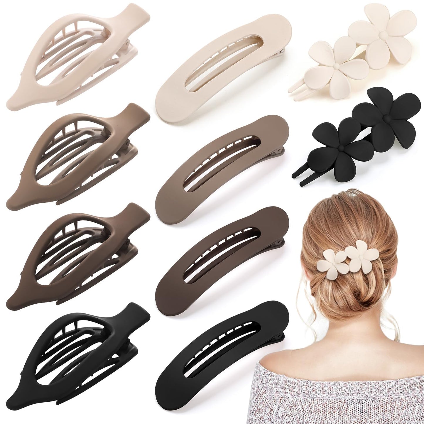 8 Pcs Flat Hair Clips for Women, 2 Styles Large Flat Claw Clips for Women, Strong Hold Non-slip French Hair Clips for Thick Thin Hair, Neutral Color WN420