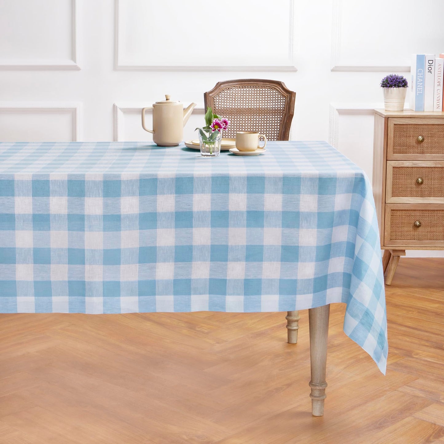 Solino Home 100% Pure Linen Rectangular Tablecloth Pink Check, 60 x 120 in | Buffalo Check Linen Table Cloth for dining and entertaining | buffalo checkered weave | Marshmellow Pink | OEKO-TEX Certified BST326SOLH