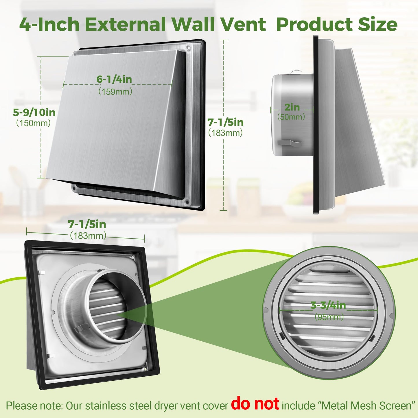 4-Inch External Extractor Wall Vent, Outdoor Stainless Steel Wall Exhaust Vent with Bird Screen, Dryer Vent Cover with Rubber Seal Cushioned Non Return Flap, Outside Airflow Vent Replacement Hood BST220