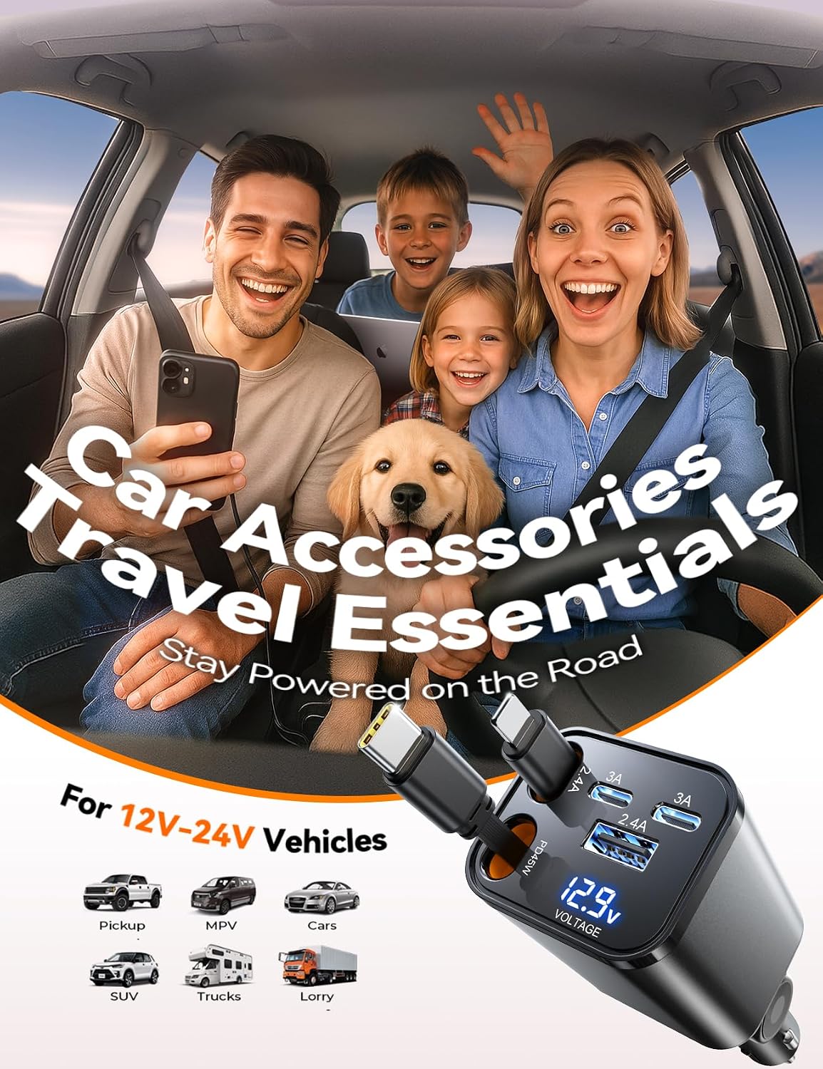 [5 in 1] 99W Retractable Car Charger Adapter, PD45W Car Charger USB C Fast Charging, Car Accessories,Tech Gadgets 2026 Birthday Gifts for Women Men for iPhone17 16 15 14 Pro Max, Samsung WN420