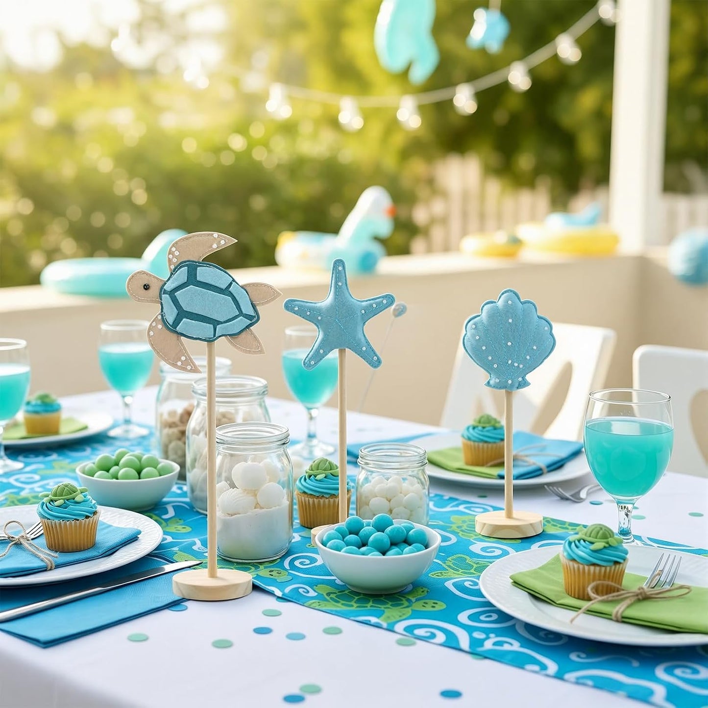 Yousoontic 3 Pcs Coastal Beach Ocean Nautical Table Decor - Felt Turtle Starfish Shell Centerpieces, Nautical Standing Wooden Home Decor for Summer Holiday Kitchen BST202