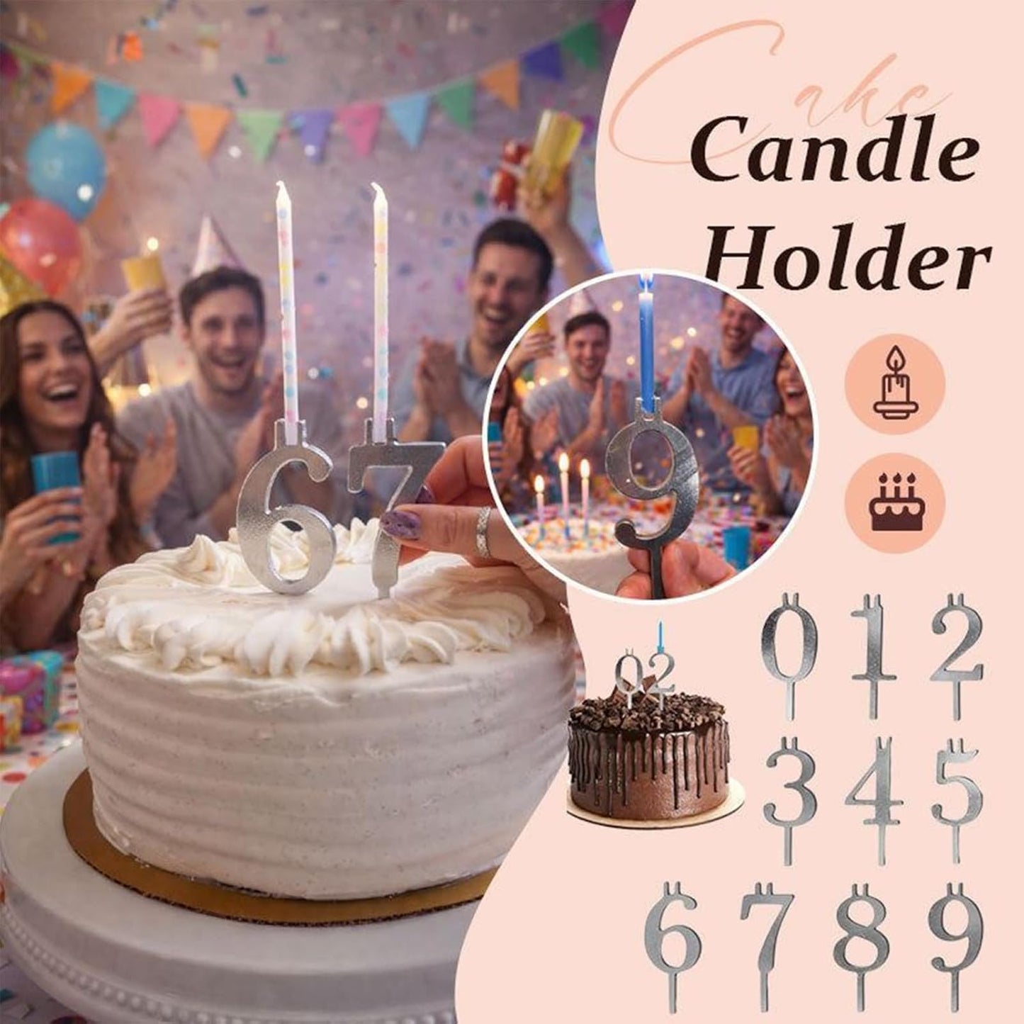 Reusable Number Birthday Candle Holder Set - Birthday Cake Candle Holders Set, 0–9 Digital Cake Candle Holders, Silver Metal Number Cake Toppers for Holiday Celebrations and Birthday Parties (2 Sets) BST326H