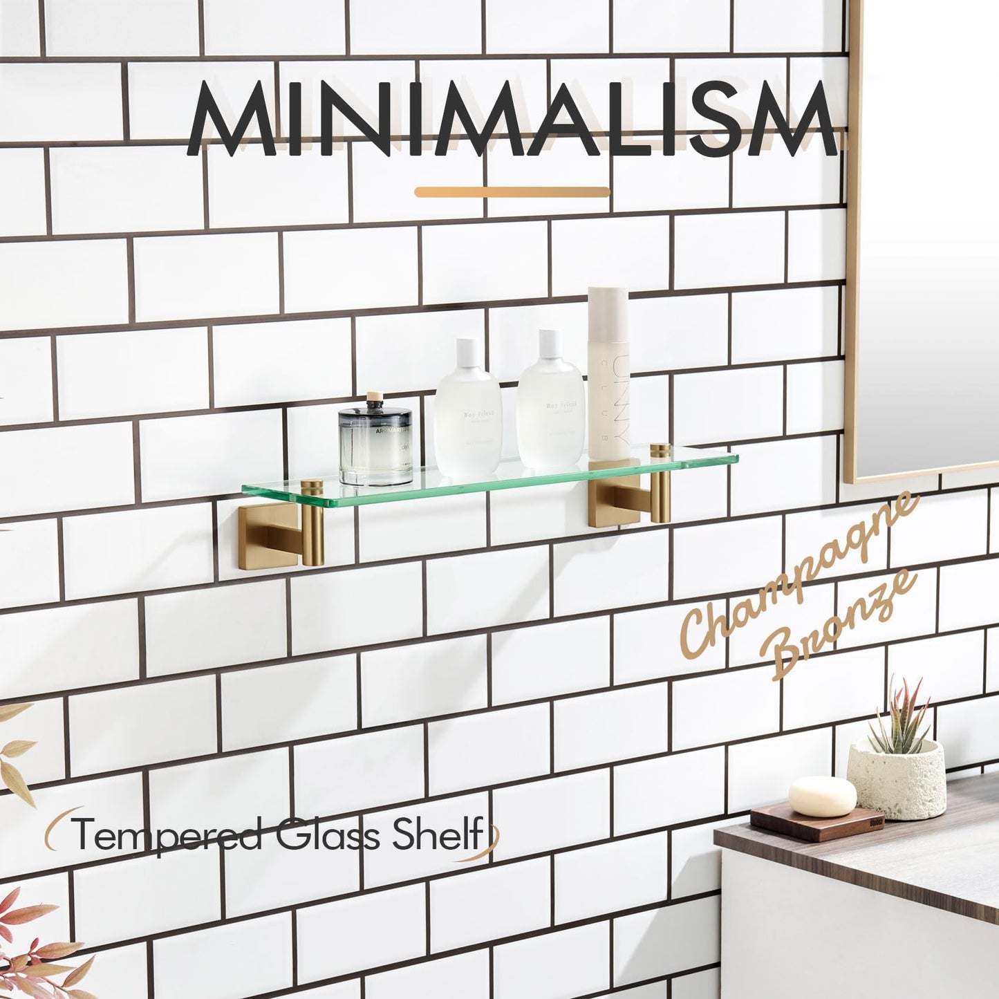 KOKOSIRI Wall Shelves Bathroom Hardware Glass Floating Shelf 12-Inch for Bedroom, Living Room, Kitchen, Hanging Rack Champagne Bronze B1105CPG-L12 BST202
