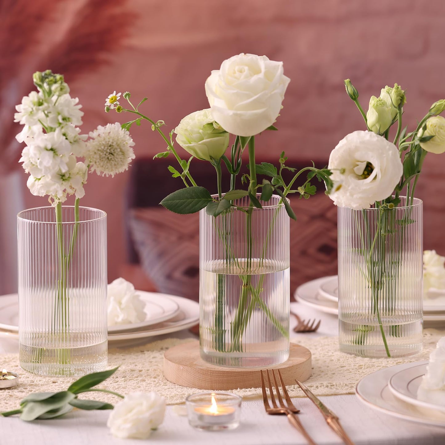 Glass Ribbed Cylinder Vases, 8 Inch Tall, Clear, Pack of 3 | Flower Vases in Bulk, Hurricane Floating Candle Vases, For Party Home Decor BST326H