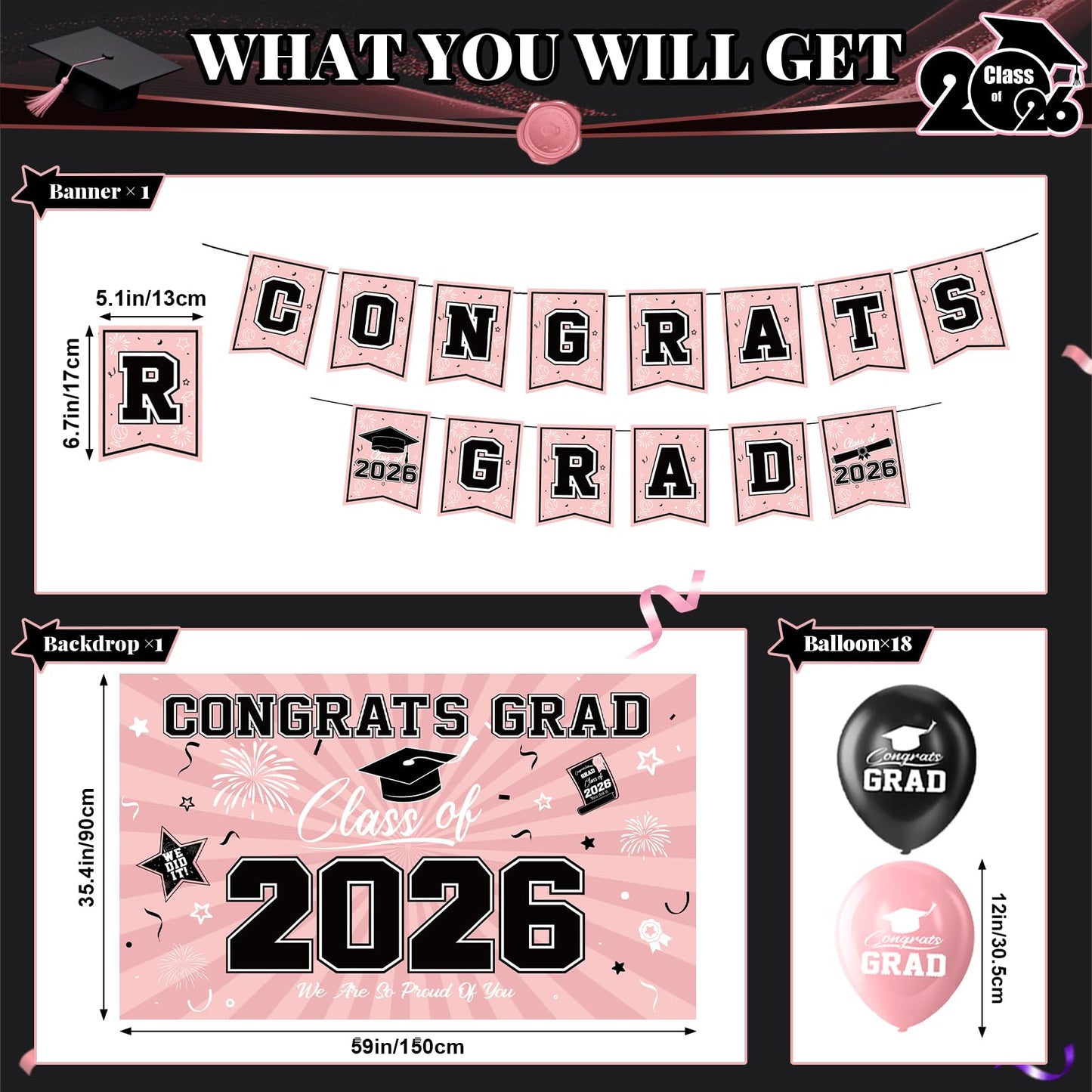 Graduation Decorations 2026-Blue and Black Graduation Party Decorations Supplies Class of 2026 with Graduation Banner, Backdrop, Balloons, Centerpieces, Hanging Swirl for Grad Party BST326H