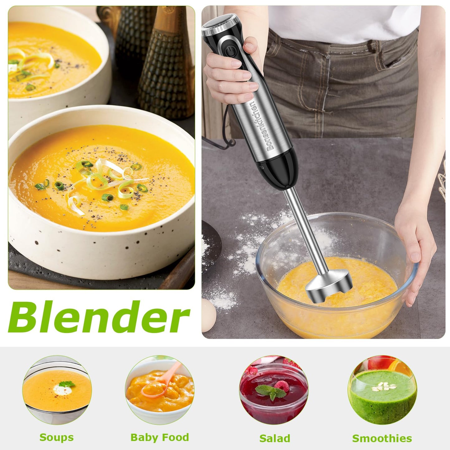 Bonsenkitchen Immersion Blender Handheld with Food Processor RD12