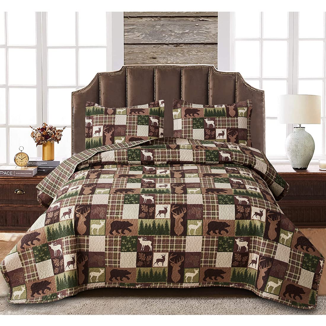 Rustic Moose Quilt Set King Size Lodge Quilt Lightweight Summer Cabin Bedspread Country Bedding Forest Bear Fish Pine Coverlet Daybed Cover Blanket Woodland Home Decor-Brown White BST220