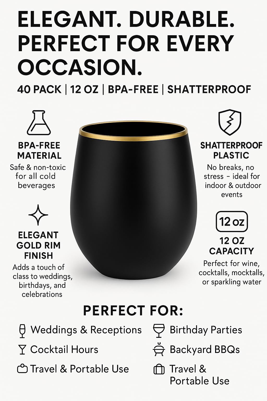 Oojami 40 Pack Diamond Disposable Plastic Wine Glasses 12oz for Parties | Stemless Wine Cups, Champagne Cocktail Whiskey - Shatterproof Unbreakable Reusable Recyclable BPA-Free, Weddings Birthday BST220
