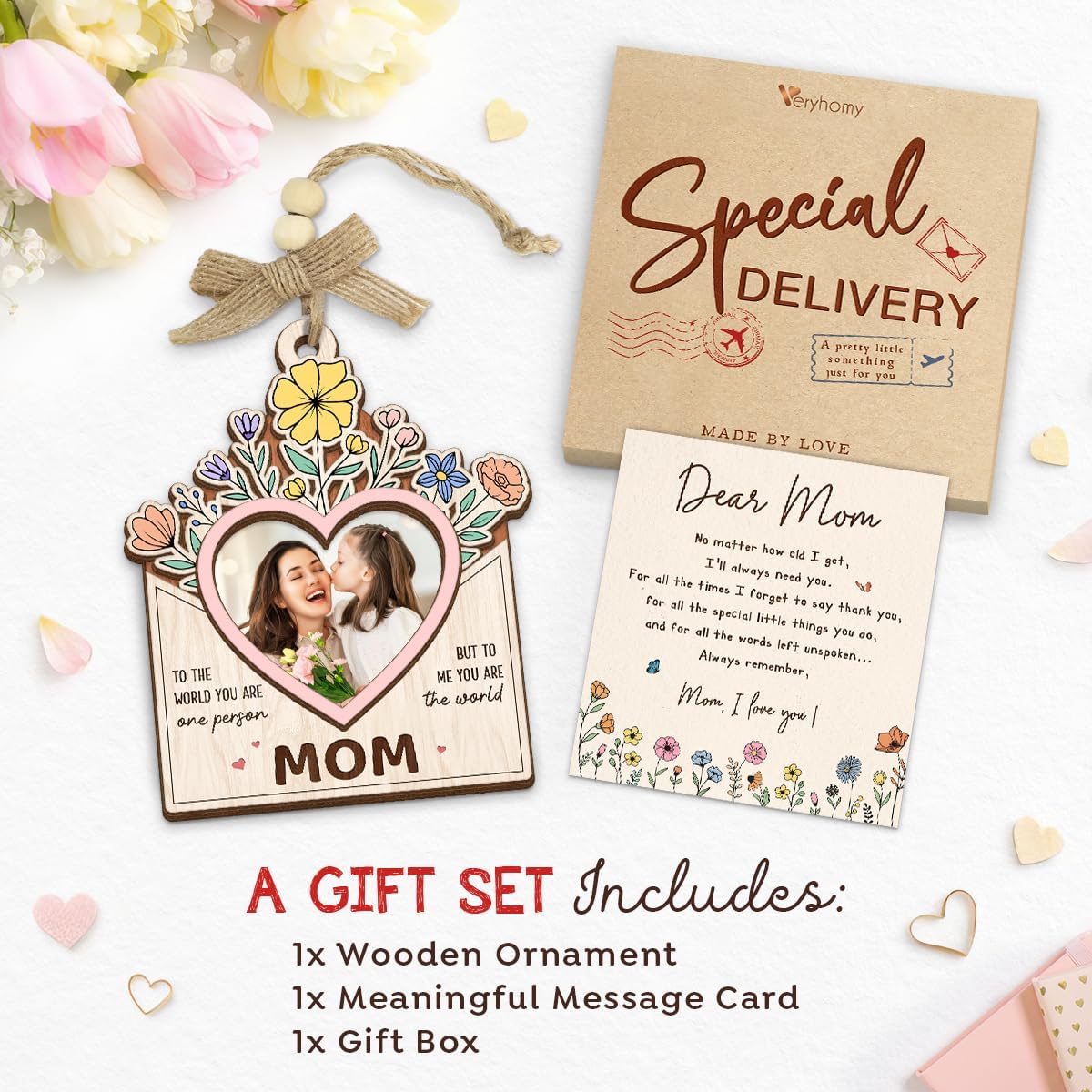 Mom Picture Frame Gifts from Daughter Son – Wooden Photo Frame Ornament with Sentimental Card, Car Photo Holder Decoration – Mother’s Day & Birthday Gifts for Mom, Bonus Step Mama WN420