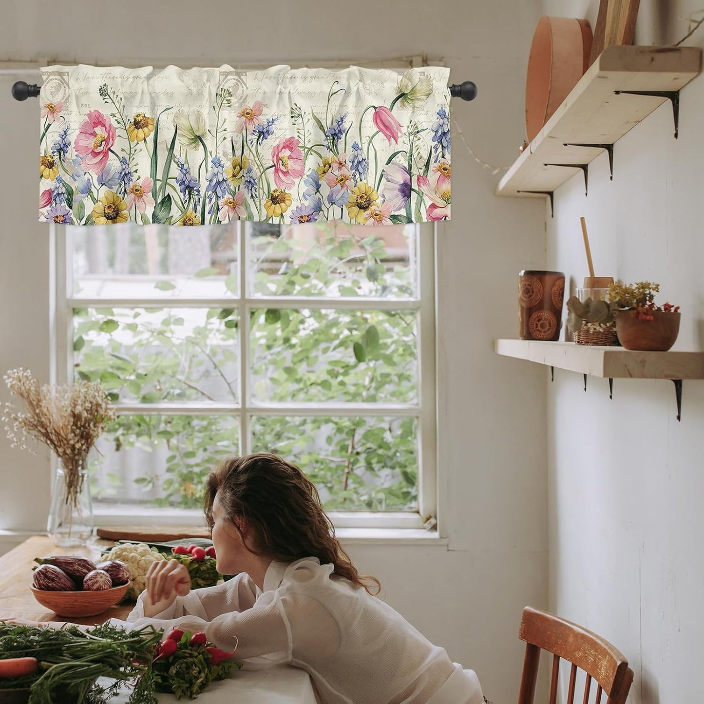 Spring Curtain Valances for Windows, Retro Wild Plants Flowers Rod Pocket Valance Window Treatments Botanical Short Curtains for Kitchen Bathroom Living Room 54 x 18 Inches, 1 Panel BST326H
