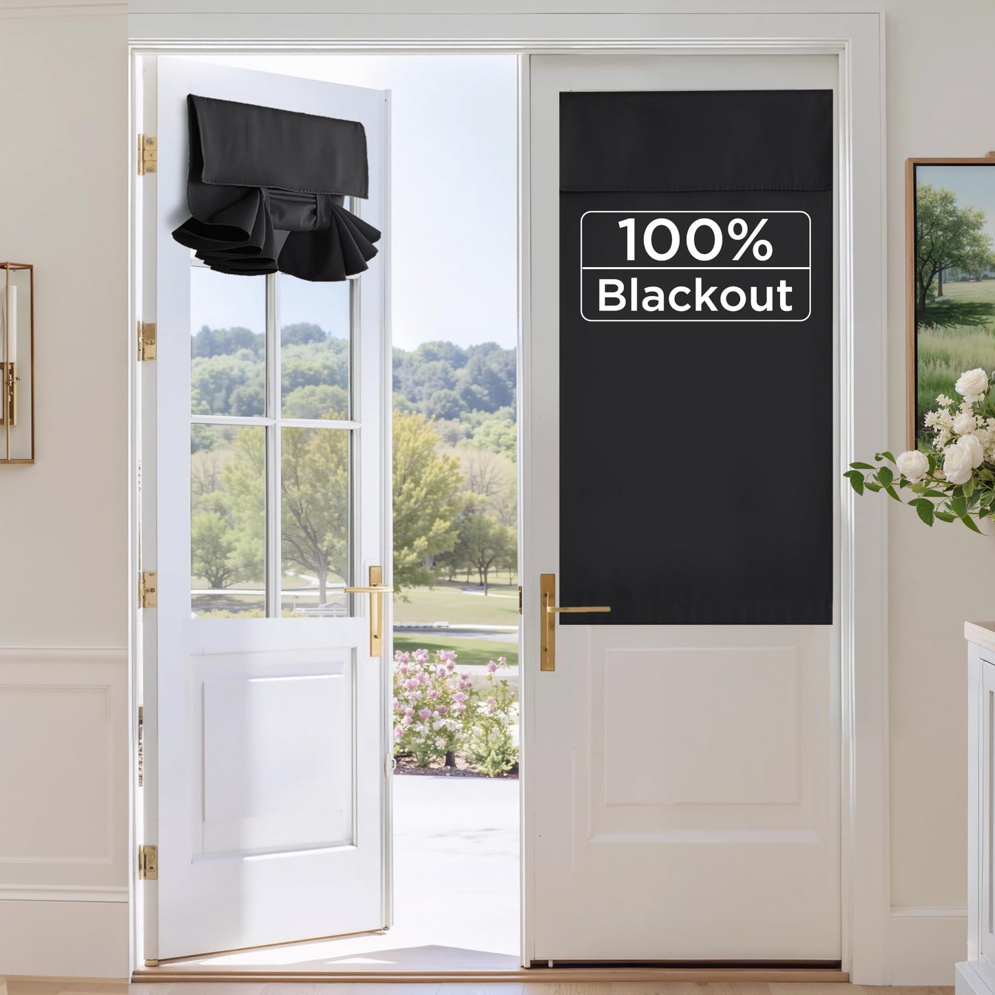RYB HOME 100% Blackout French Door Curtains for Door Window - Room Darkening No Coating Thermal Insulated Privacy Protection Adhesive Cover for Glass Window, W 26 x L 40, 1 Panel, Black BST220