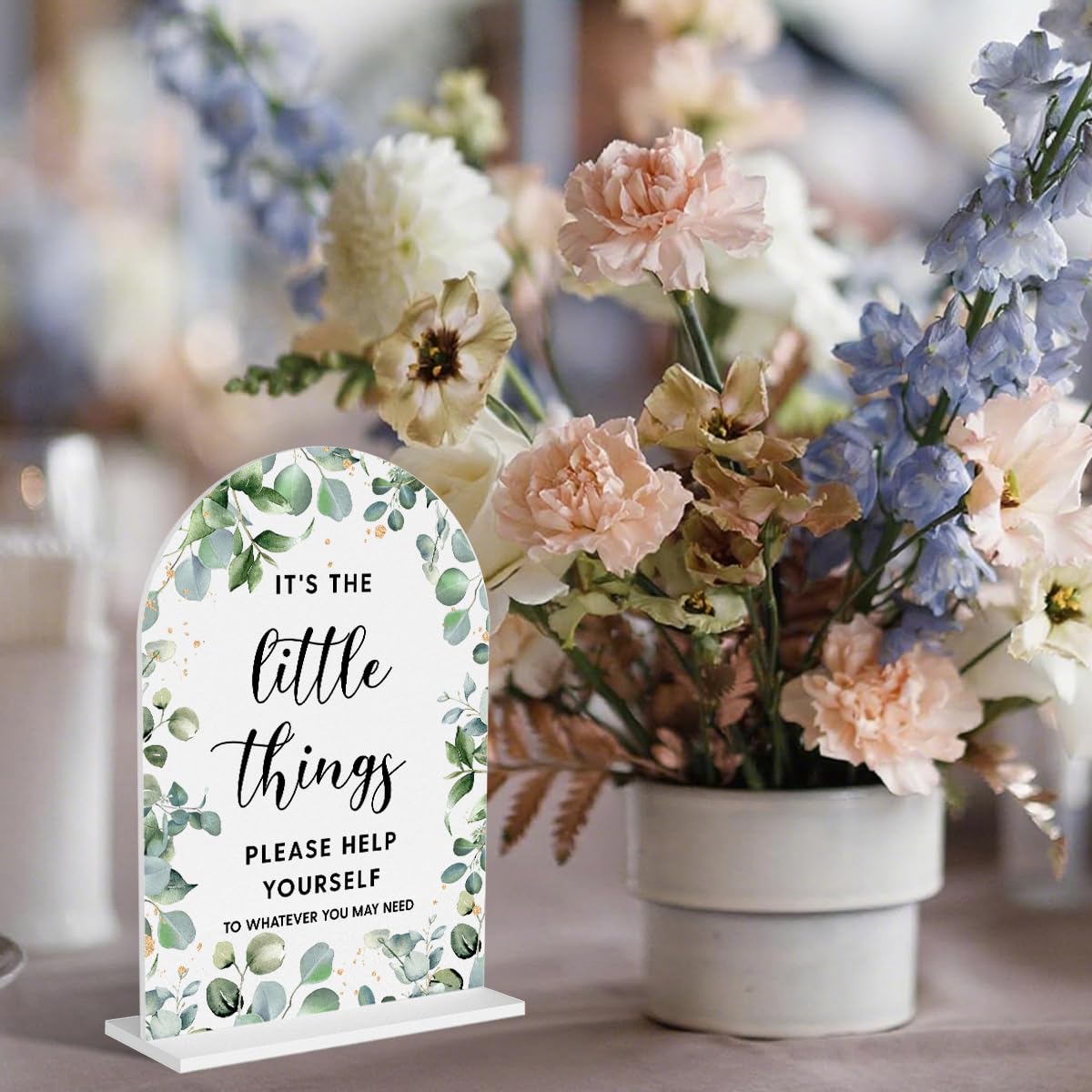 Acrylic Wedding Signs, Bubble Send Off Signs for Marriage Reception, Bridal Shower Decorations, Modern Arched Round Top Acrylic Table Top Sign with Holder for Wedding Party (White Eucalyptus Leaves) BST326L