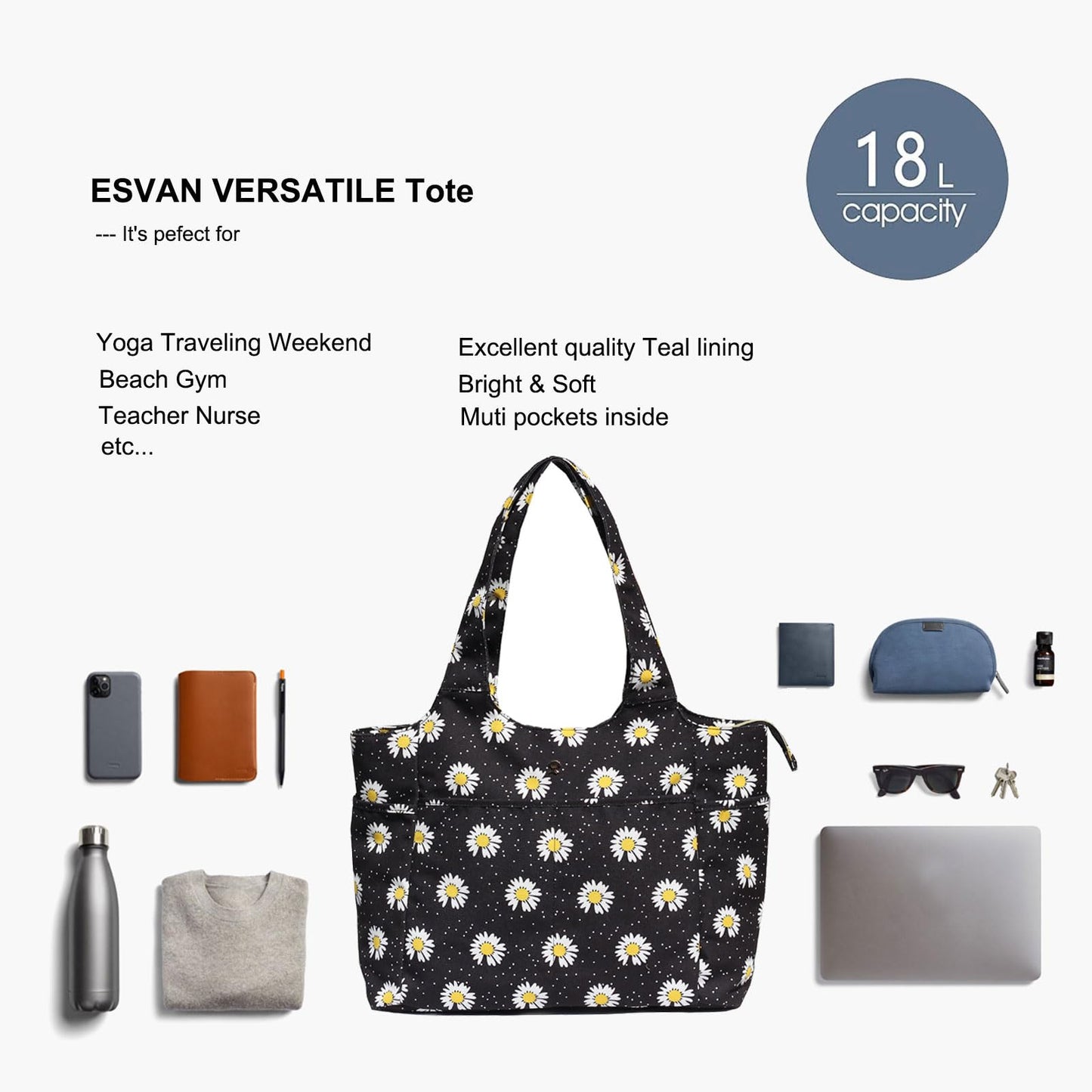 ESVAN Yoga Tote Bag Mat bag Women Shoulder Bags Carryall Tote for Travel Office Workout Gym Nurse Beach BST326H