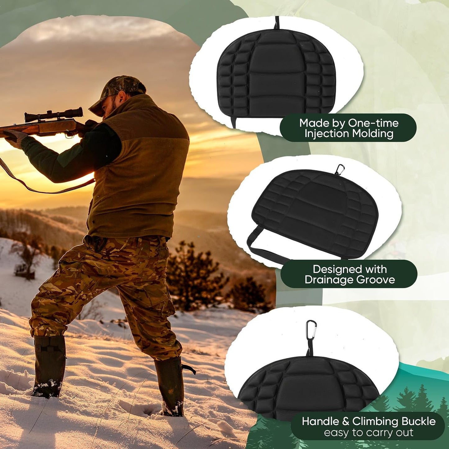 AceOrbit 1 Pcs Portable Hunting Seat Cushion 16.5x11.8 Inches Memory Foam Stadium Stand Seat Cushion with Adjustable Strap Hook Waterproof Lightweight Pad for Outdoor Kayak Bleacher WN420