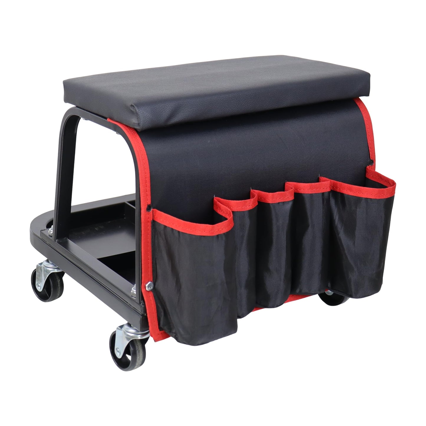Rolling Mechanic Garage Stool on Wheels with Padded Cushion, Tool Tray Storage and Side Pockets, 300 LBS Capacity, Red BST220