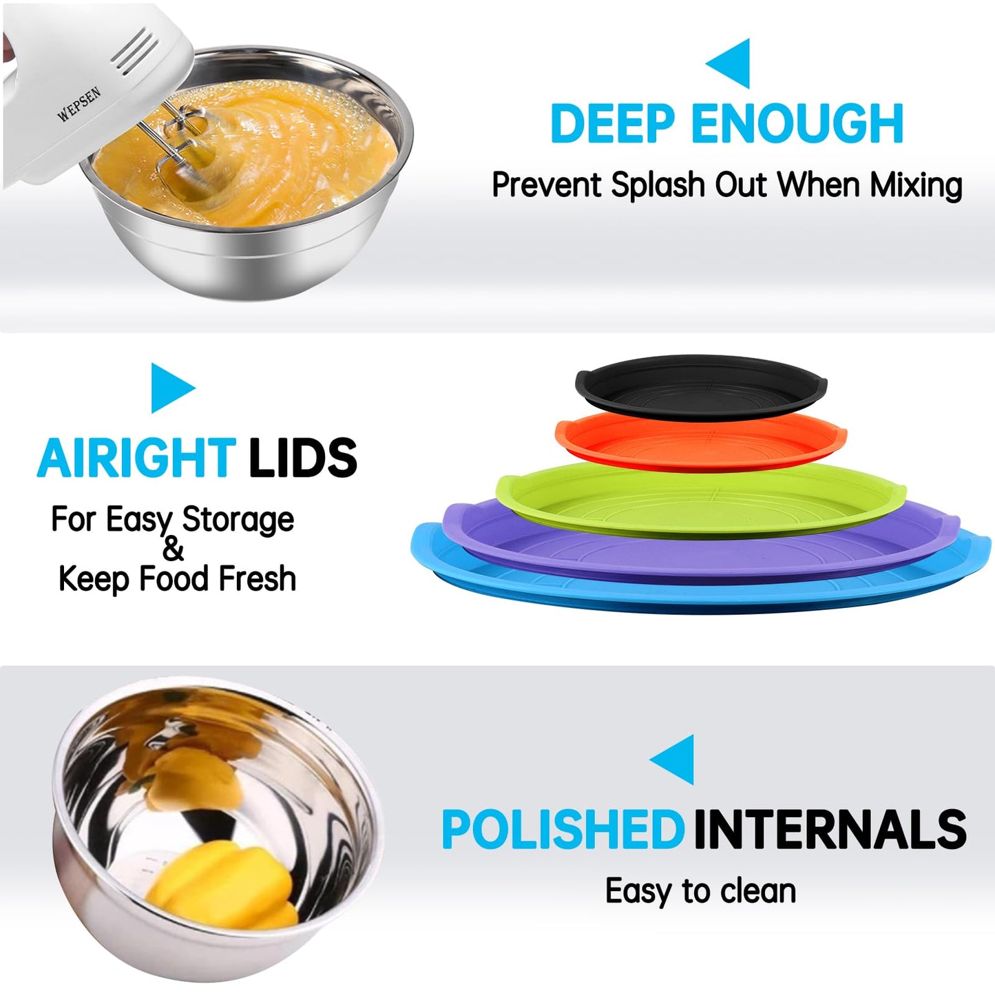 WEPSEN Mixing Bowls Set, 25PCS Stainless Steel Mixing Bowl with Lid Set, Large Nesting Bowls 7, 4.5, 3,2, 1.5QT, Measuring Cups and Spoons Baking Utensils Metal Bowl for Kitchen Prep BST220