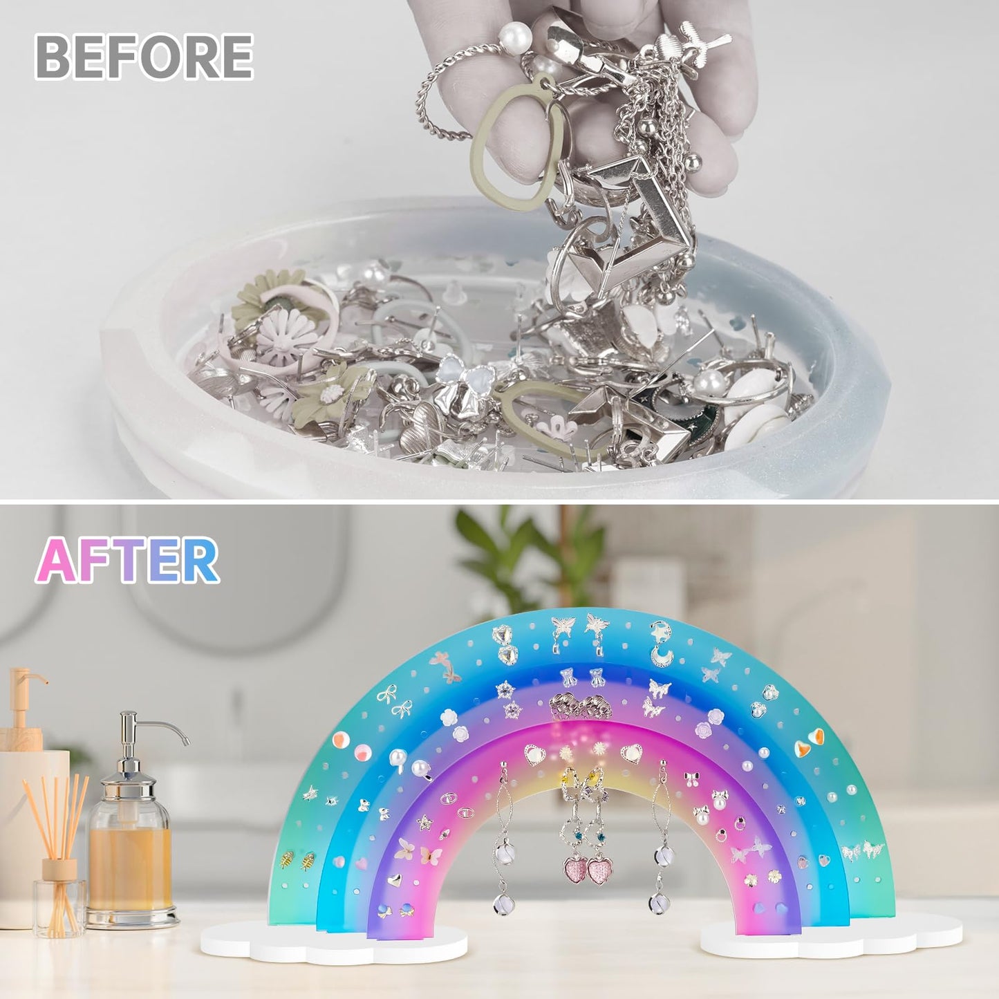 NiHome Earring Organizer Holder, 3-Tier 140 Holes Display, Iridescent | Lightweight Sturdy Fade-Resistant Vanity and Bathroom Storage Detachable Easy Assembly Travel-Friendly Design BST326H
