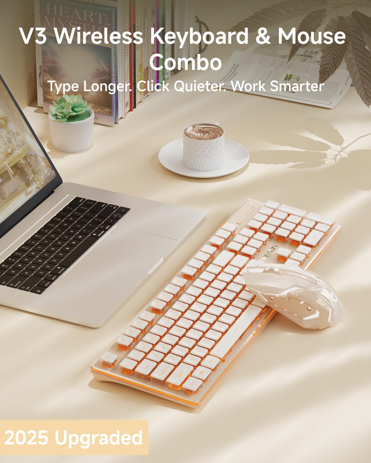 V3 Wireless Keyboard and Mouse with Single Backlit, Metal Panel, Bluetooth/2.4G Rechargeable Computer Keyboard and Mouse Combo Silent Lighted Full Size Cute Keyboards-White