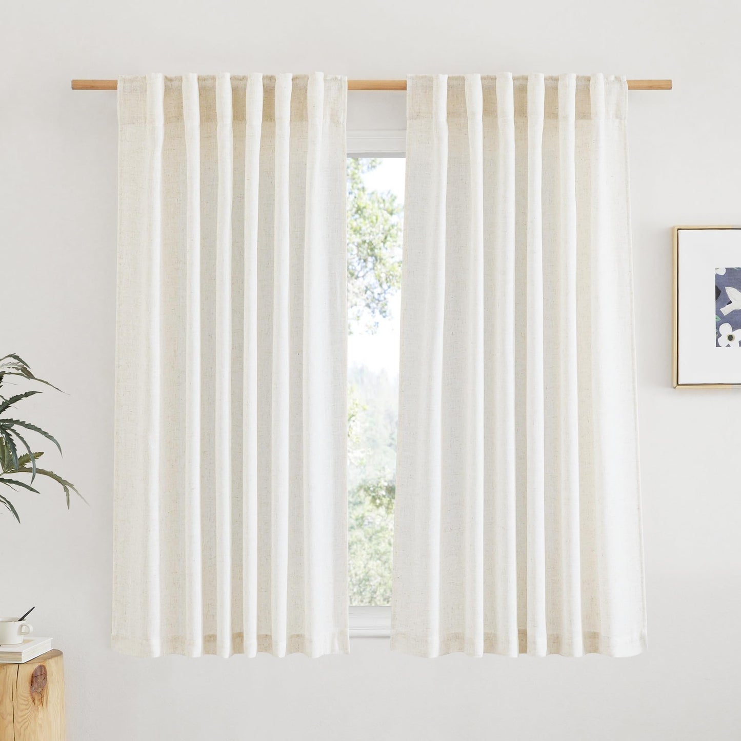 NICETOWN White Semi Sheer Kitchen Curtains 30 inch Length, Rod Pocket & Back Tab Faux Linen Blend Privacy with Light Filtering Window Drapes for Cafe, W34 x L30, 2 Panels BST220