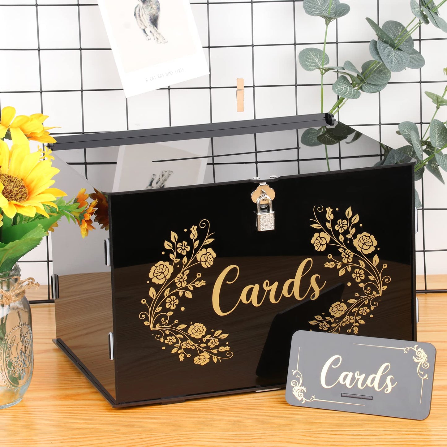 Fowecelt Acrylic Wedding Card Box with Lock Black Card Box DIY Large Rustic Card Box for Wedding Reception Bridal Shower Birthday Baby Shower Party Graduation Decorations (10x10x10 Inch) BST326H