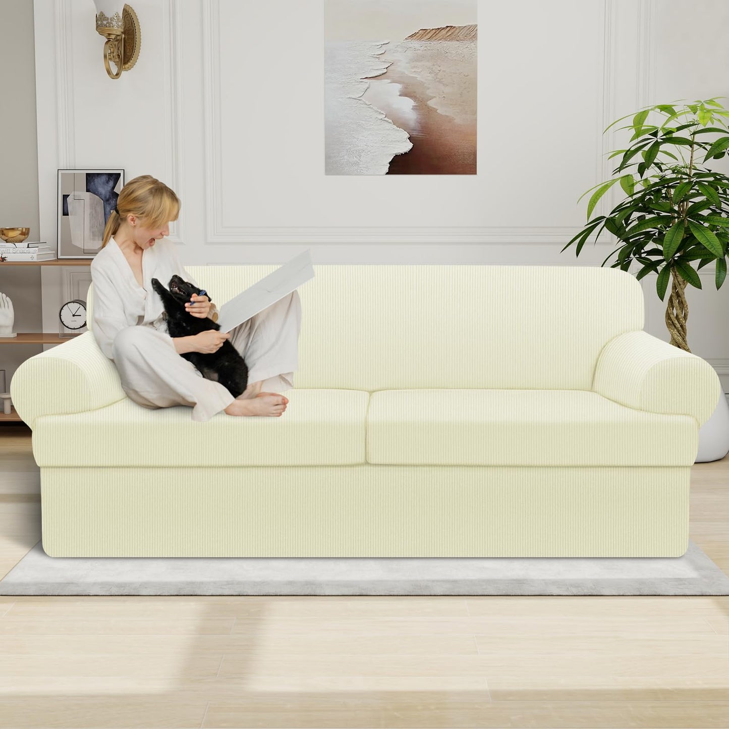 Waterproof Chair Cover with Arms 2-Piece Set Striped Slipcover for 1 Separate T Cushion Couch - TPU Fabric Armchair Covers Leakproof Couch Protector for Kids, Pets(Chair, Beige) BST220