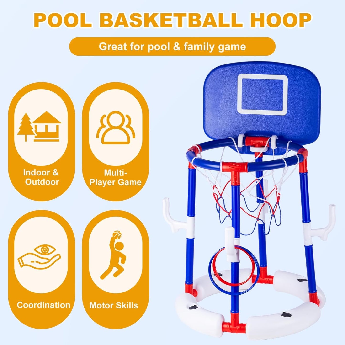 Taotuo Blue Floating Pool Basketball Hoop with Backboard, 2-in-1 Poor Toy Basketball & Ring Toss Game with 4 Balls, 6 Rings&Pump, Summer Pool Toys Outdoor Water Fun Family Party for Age 3-12 DD1210