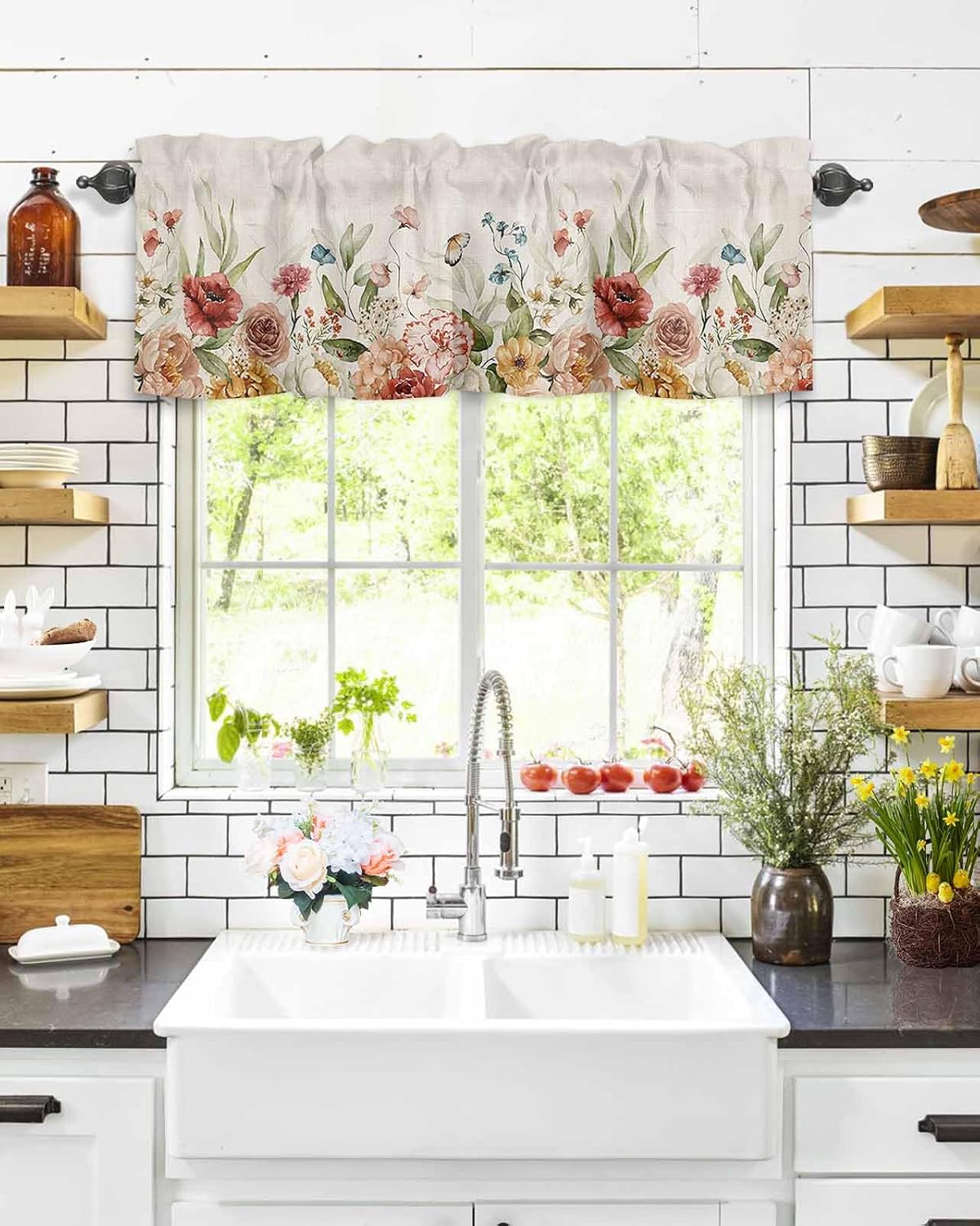 Spring Rose Curtain Valances for Windows, Wild Flowers Butterfly Linen Texture Rod Pocket Valance Window Treatments Botanical Short Curtains for Kitchen Bathroom Living Room 54 x 18 Inches, 1 Panel BST220